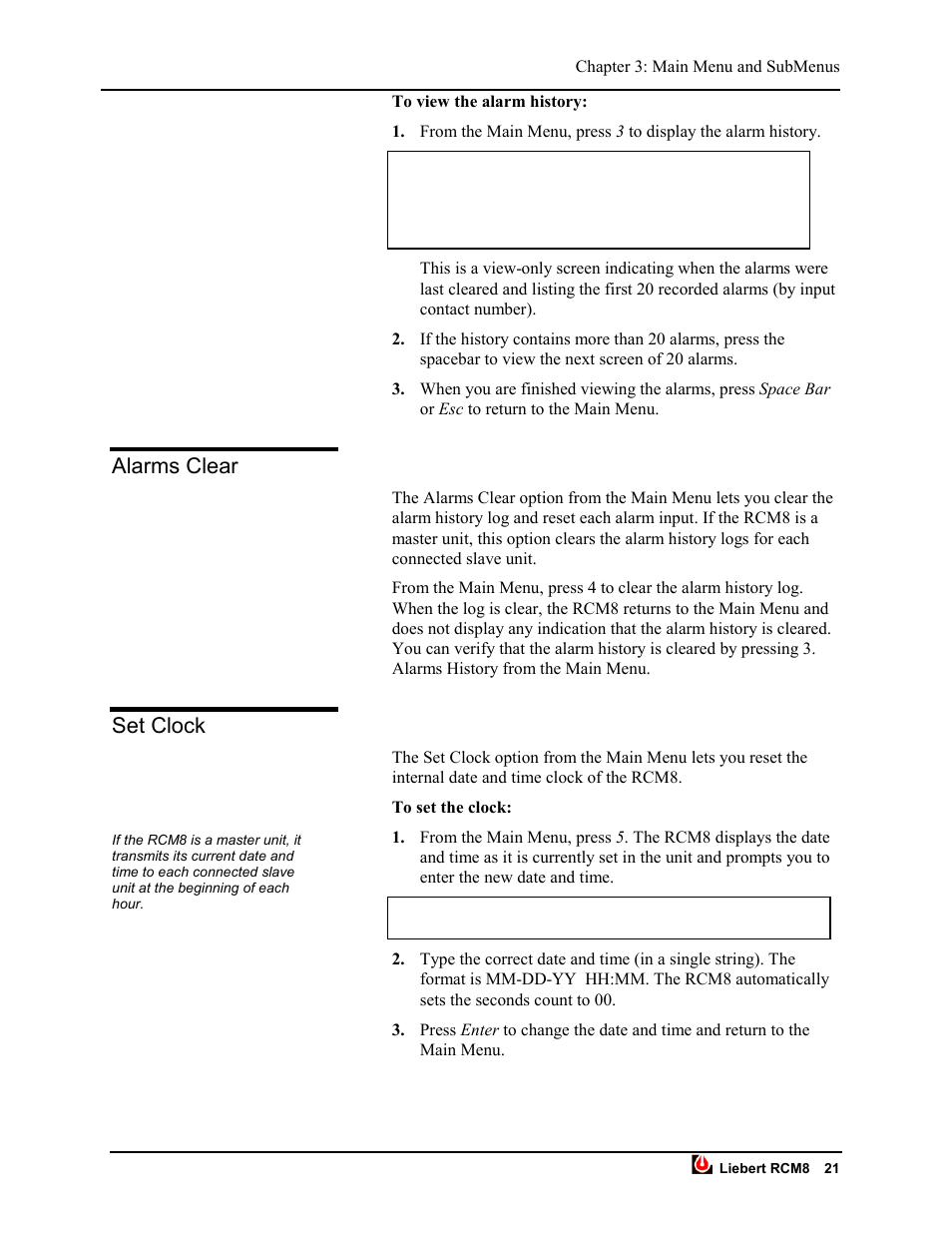 Alarms clear set clock, Alarms clear, Set clock | Liebert RCM8DO User Manual | Page 27 / 46