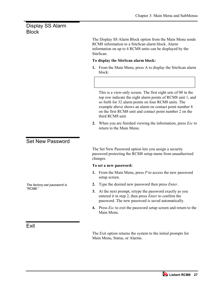 Display ss alarm block set new password exit, Display ss alarm block, Set new password | Exit | Liebert RCM8DO User Manual | Page 33 / 46