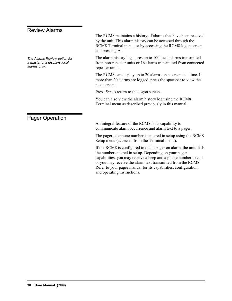 Review alarms, Pager operation | Liebert RCM8DO User Manual | Page 36 / 46
