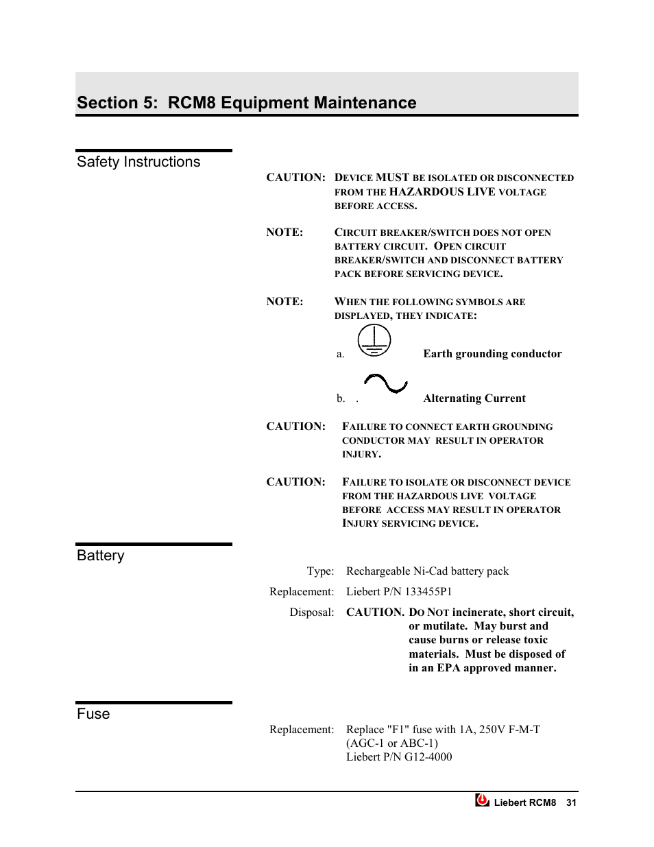 Note:circuit breaker/switch does not open, Safety instructions, Battery | Fuse | Liebert RCM8DO User Manual | Page 37 / 46