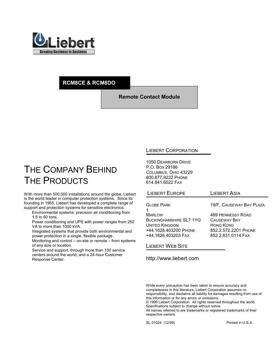Ompany, Ehind, Roducts | Liebert RCM8DO User Manual | Page 46 / 46