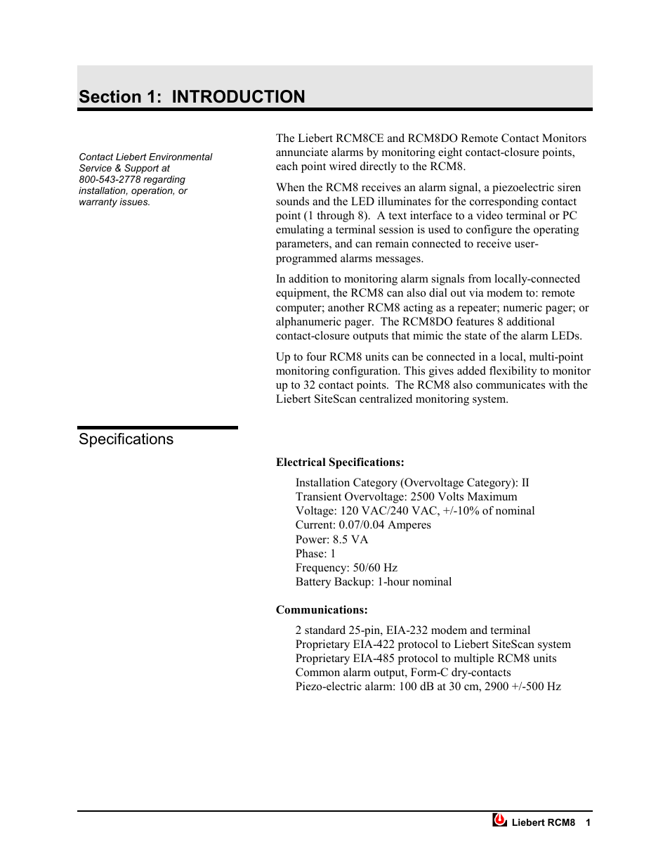 Section 1: introduction specifications, Specifications | Liebert RCM8DO User Manual | Page 7 / 46