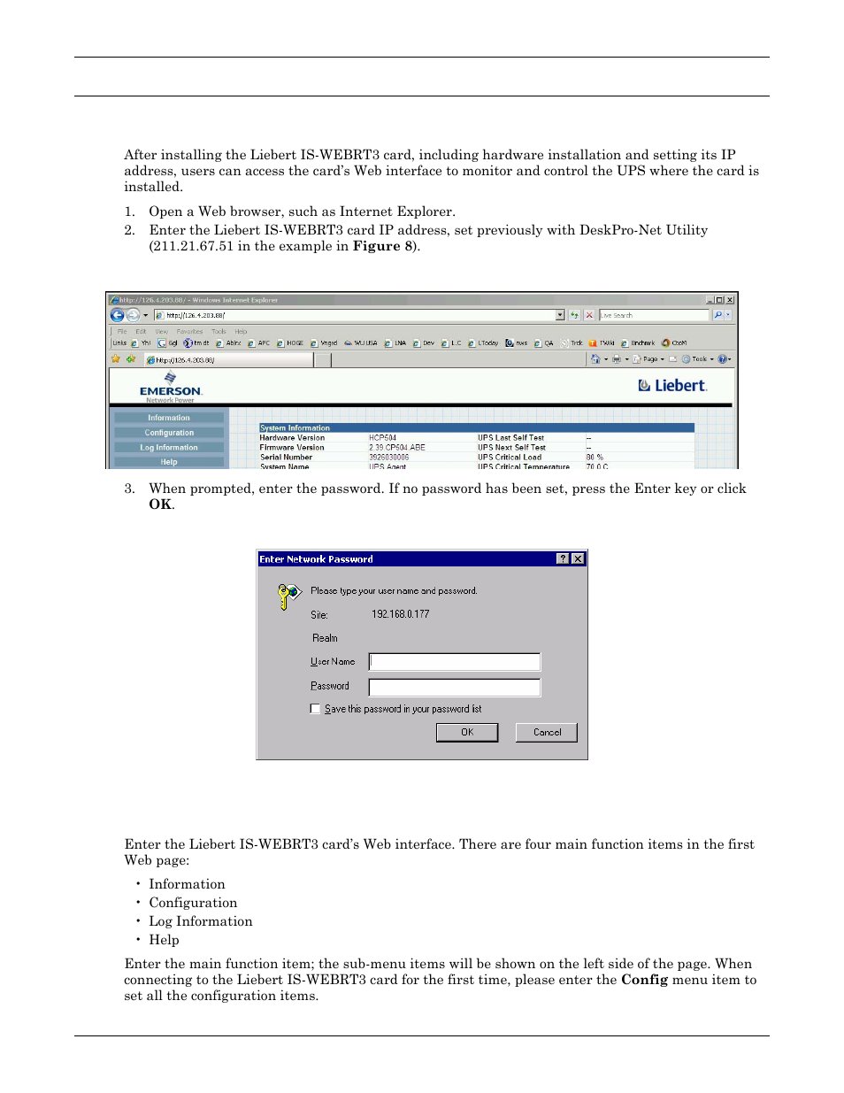 0 ups web management by liebert is-webrt3 card, 1 introduction, Figure 9 liebert is-webrt3 card ups login dialog | 2 liebert is-webrt3 card ups web interface, Ups w, Management, Iebert, Is-webrt3 c, Introduction, Liebert is-webrt3 card ups web interface | Liebert UPS User Manual | Page 11 / 28