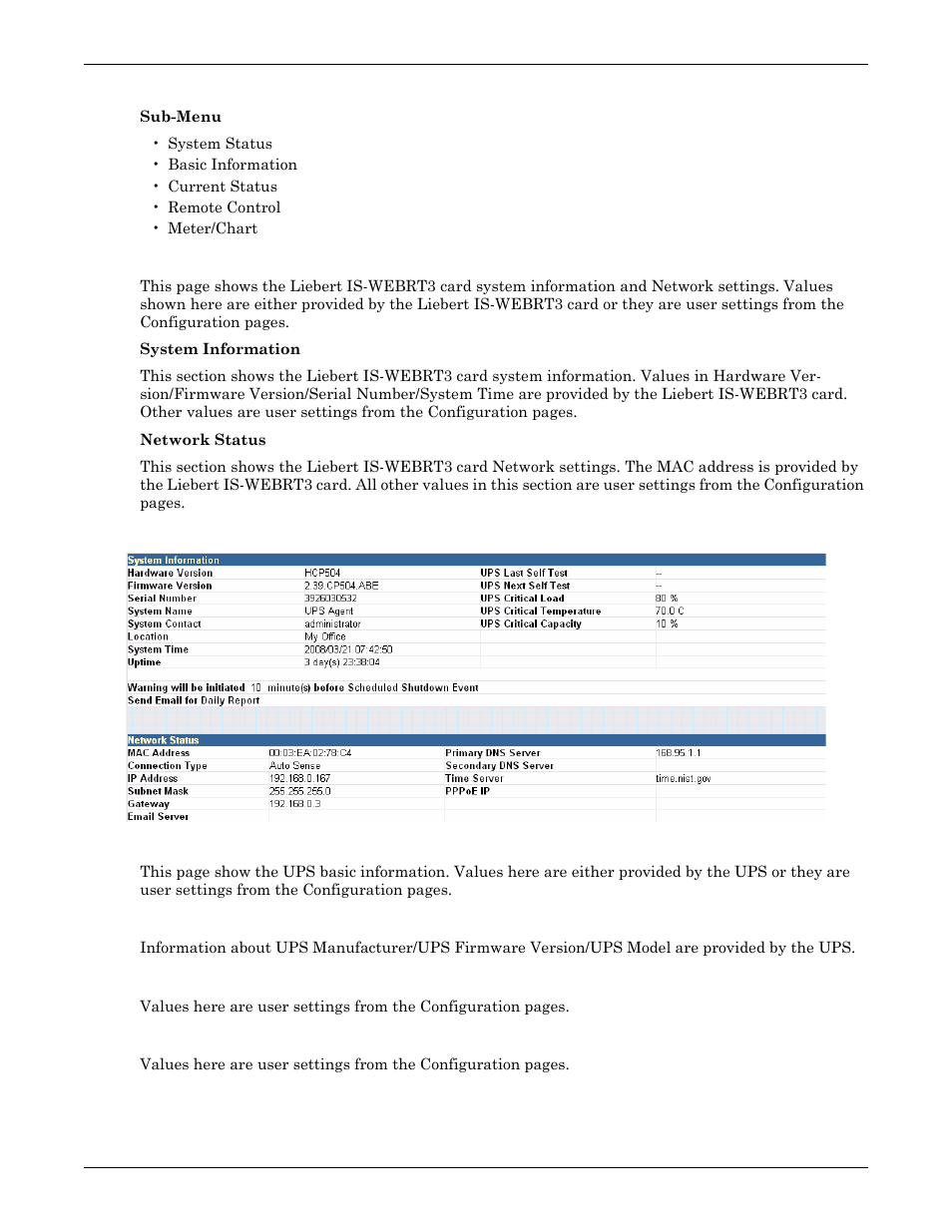 1 information, System status, Figure 10 system status | 2 basic information, Ups information, Battery information, Rating information, Information, Basic information | Liebert UPS User Manual | Page 12 / 28