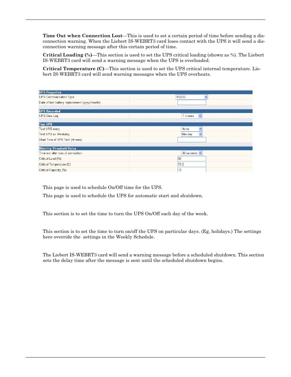 Warning threshold value, Figure 15 ups configuration, 2 ups on/off schedule | Weekly schedule, Date schedule, Ups on/off schedule | Liebert UPS User Manual | Page 16 / 28