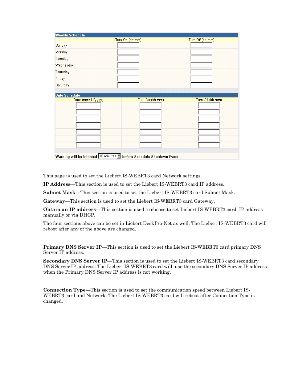 Figure 16 ups on/off schedule, 3 network, Dns server ip | Ethernet, Network | Liebert UPS User Manual | Page 17 / 28