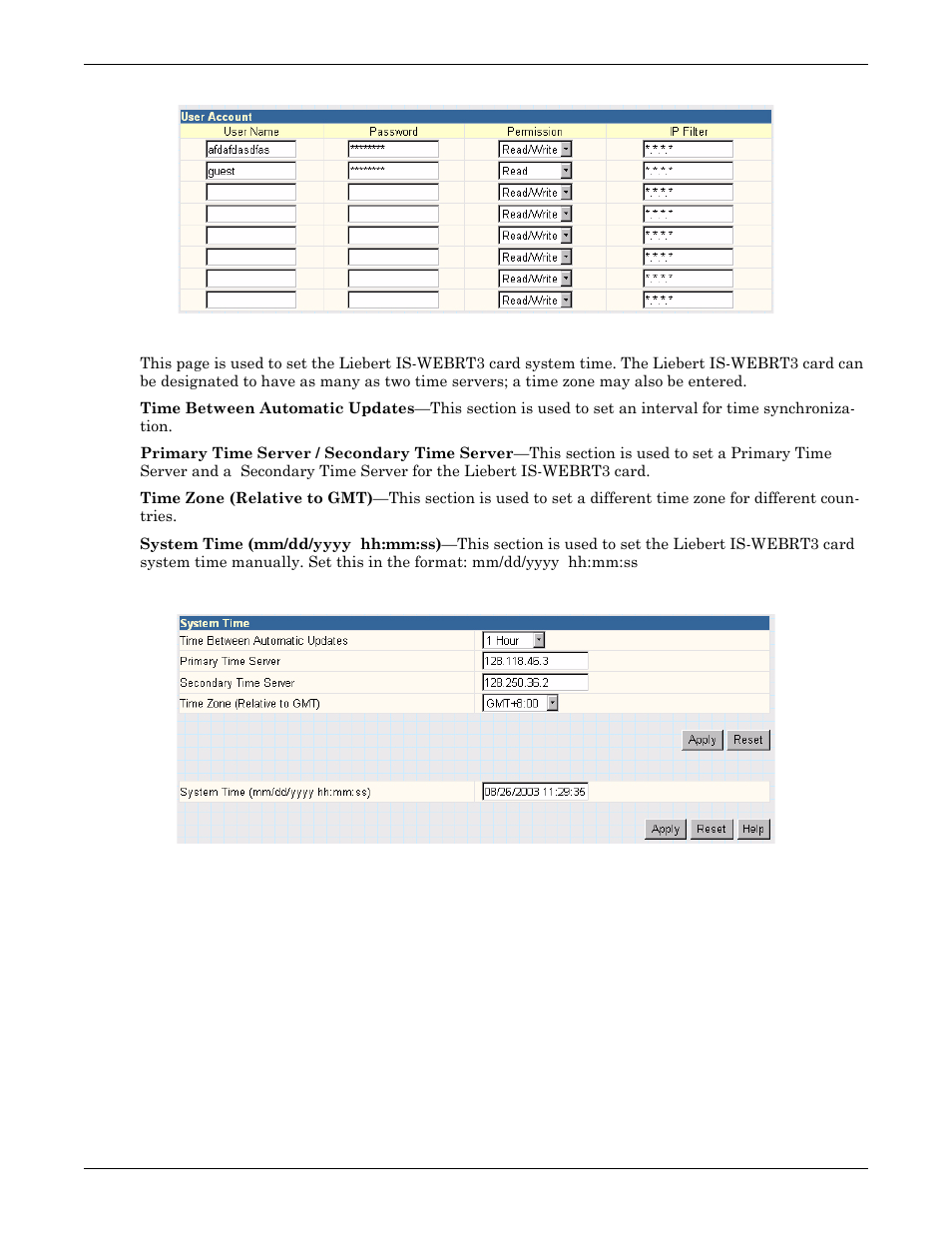 Figure 20 web/telnet, 6 system time, Figure 21 system time setting | System time, Figure 20 web/telnet figure 21 system time setting | Liebert UPS User Manual | Page 21 / 28