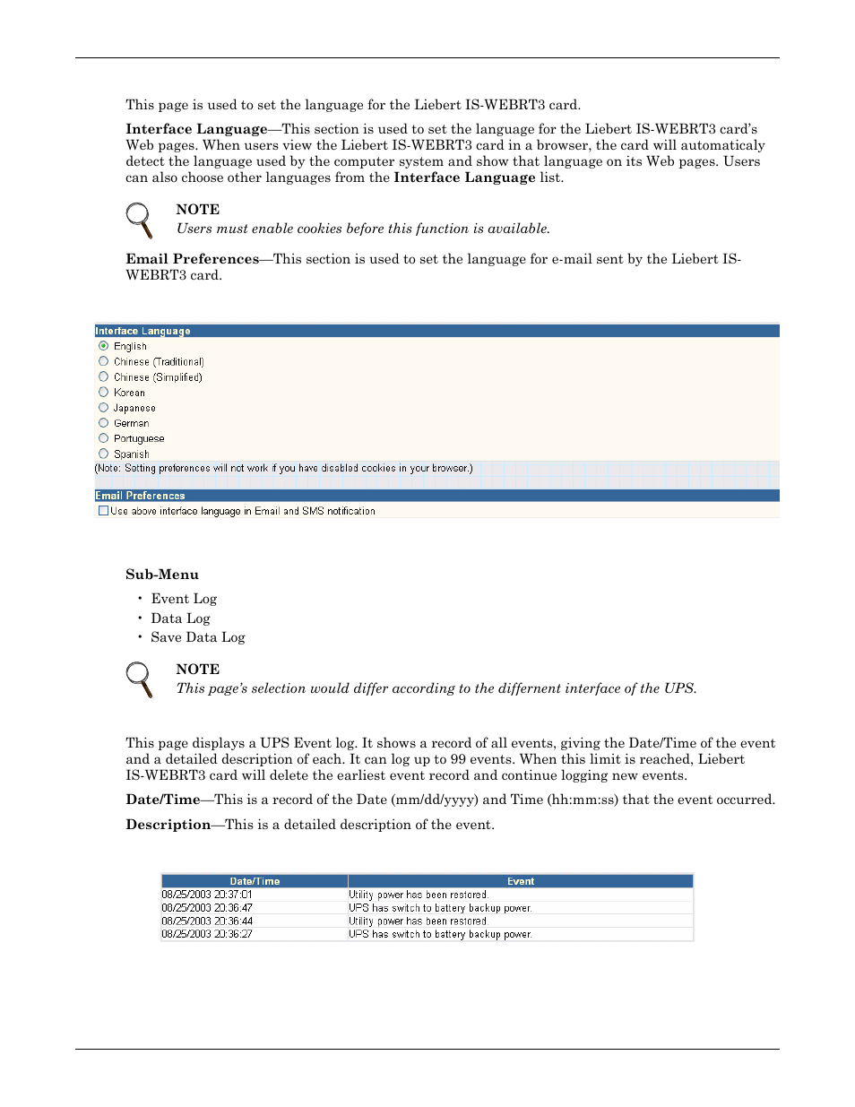 7 language, Figure 22 language, 4 log information | 1 event log, Figure 23 event log, Language, Log information, Event log, Figure 22 language figure 23 event log | Liebert UPS User Manual | Page 22 / 28