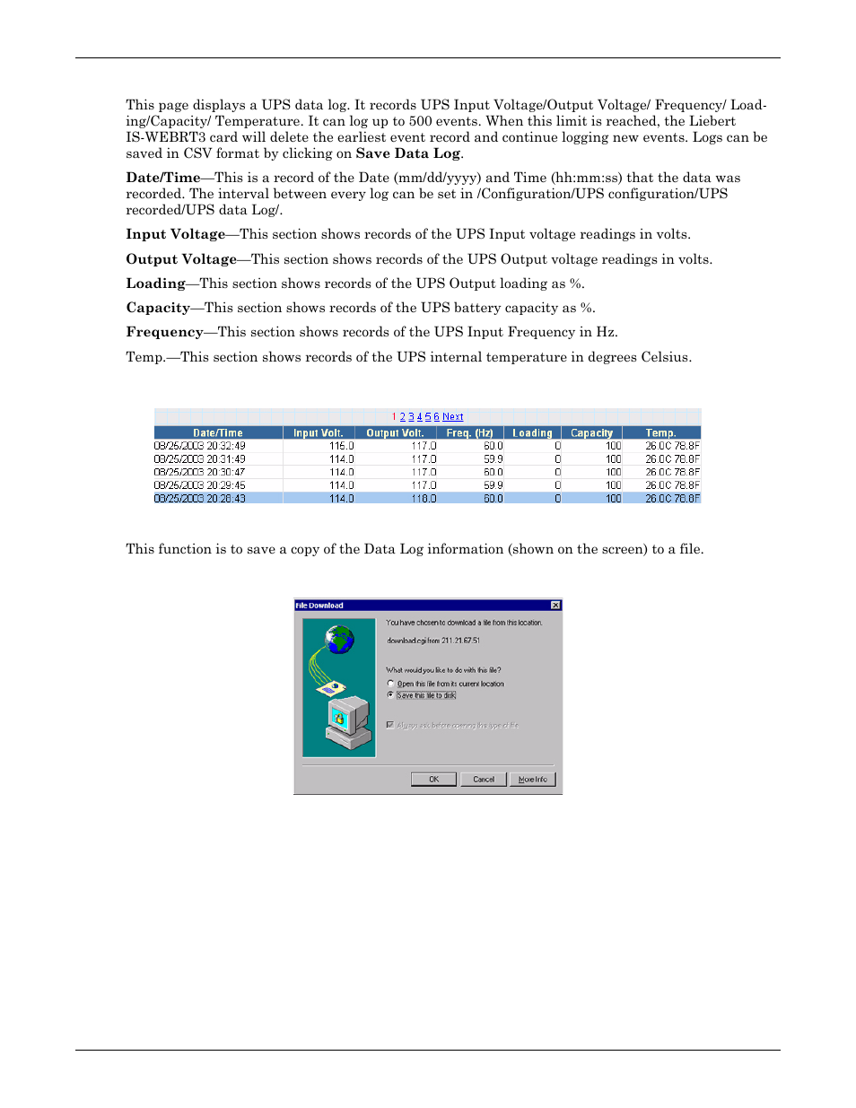 2 data log, Figure 24 date log, 3 save data log | Figure 25 save data log, Data log, Save data log, Figure 24 date log figure 25 save data log | Liebert UPS User Manual | Page 23 / 28