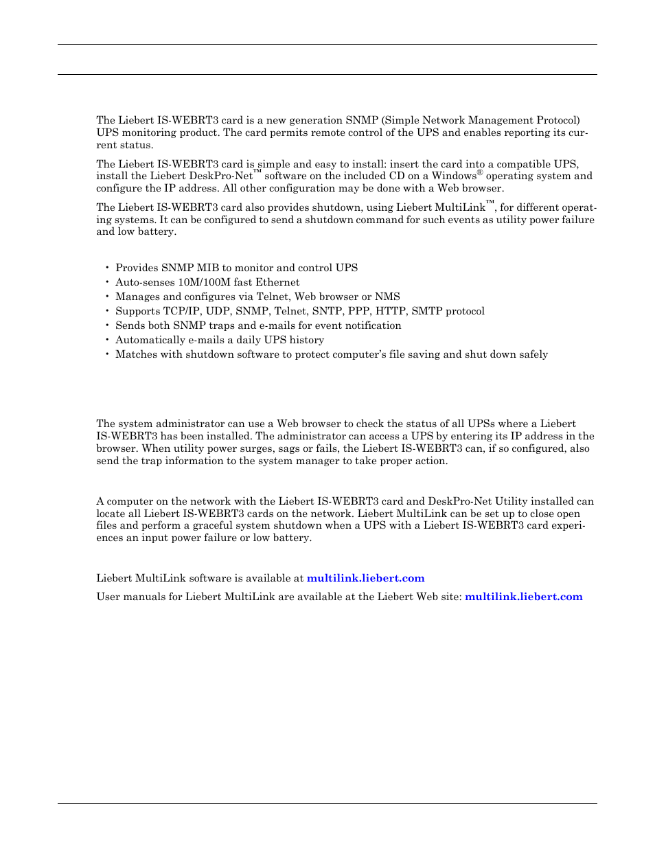0 introduction, 1 features, 2 applications | 1 liebert is-webrt3 card web interface, 2 liebert web card provides shutdown utilities, Liebert multilink, Ntroduction, Features, Applications, Liebert is-webrt3 card web interface | Liebert UPS User Manual | Page 5 / 28