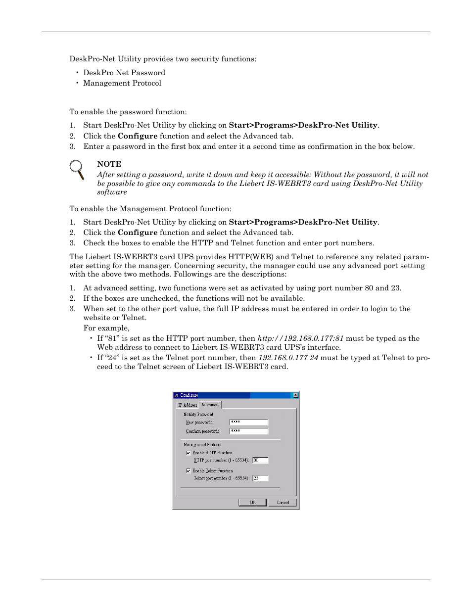 3 advanced liebert web card ups setting, Advanced liebert web card ups setting, Enable deskpro net password or management protocol | Figure 6, Advanced setting of liebert is-webrt3 card ups | Liebert UPS User Manual | Page 9 / 28