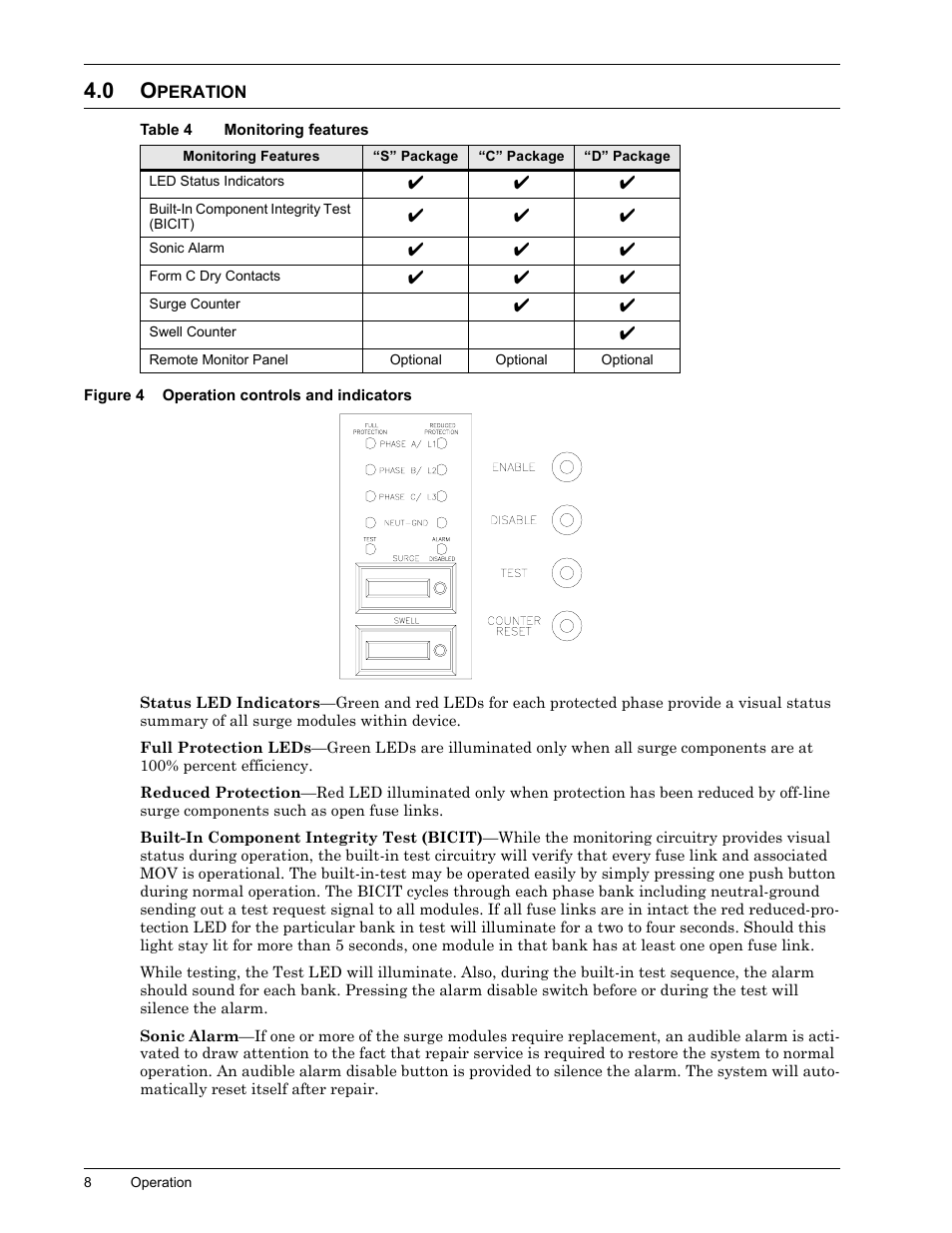 0 operation, Table 4 monitoring features, Figure 4 operation controls and indicators | Peration, Figure 4, Operation controls and indicators | Liebert II User Manual | Page 12 / 17