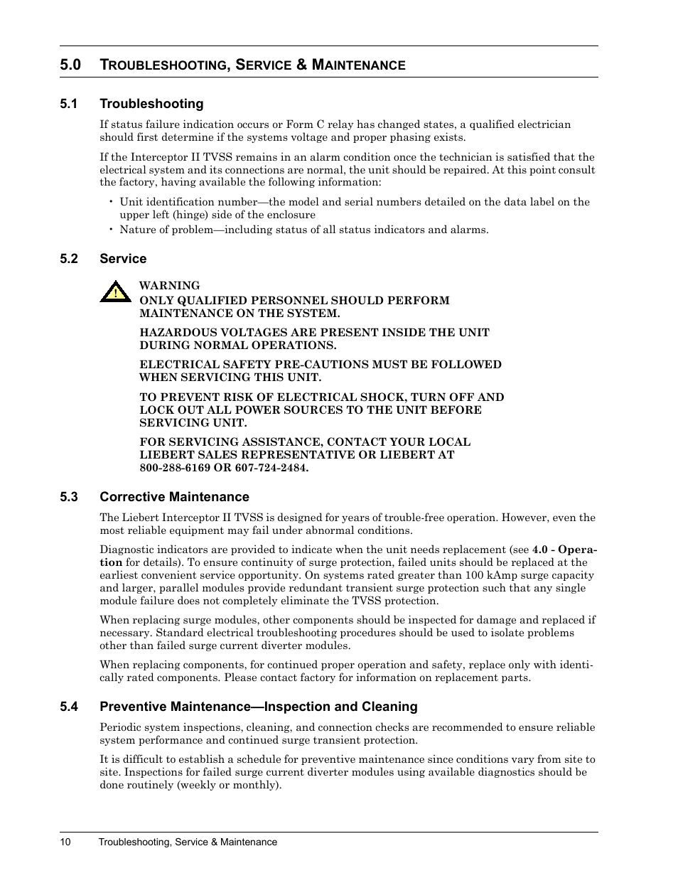 0 troubleshooting, service & maintenance, 1 troubleshooting, 2 service | 3 corrective maintenance, 4 preventive maintenance—inspection and cleaning, Roubleshooting, Ervice, Aintenance, Troubleshooting, Service | Liebert II User Manual | Page 14 / 17