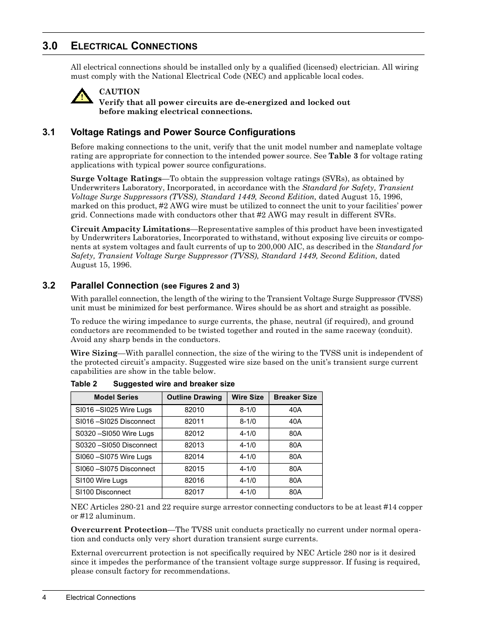 0 electrical connections, 1 voltage ratings and power source configurations, 2 parallel connection (see figures2 and3) | Table 2 suggested wire and breaker size, Lectrical, Onnections, Voltage ratings and power source configurations, Parallel connection (see, Table 2, Suggested wire and breaker size | Liebert II User Manual | Page 8 / 17