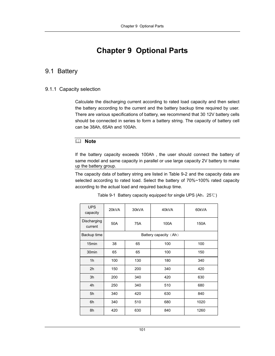 Chapter 9 optional parts, 1 battery | Liebert UPS System User Manual | Page 107 / 121