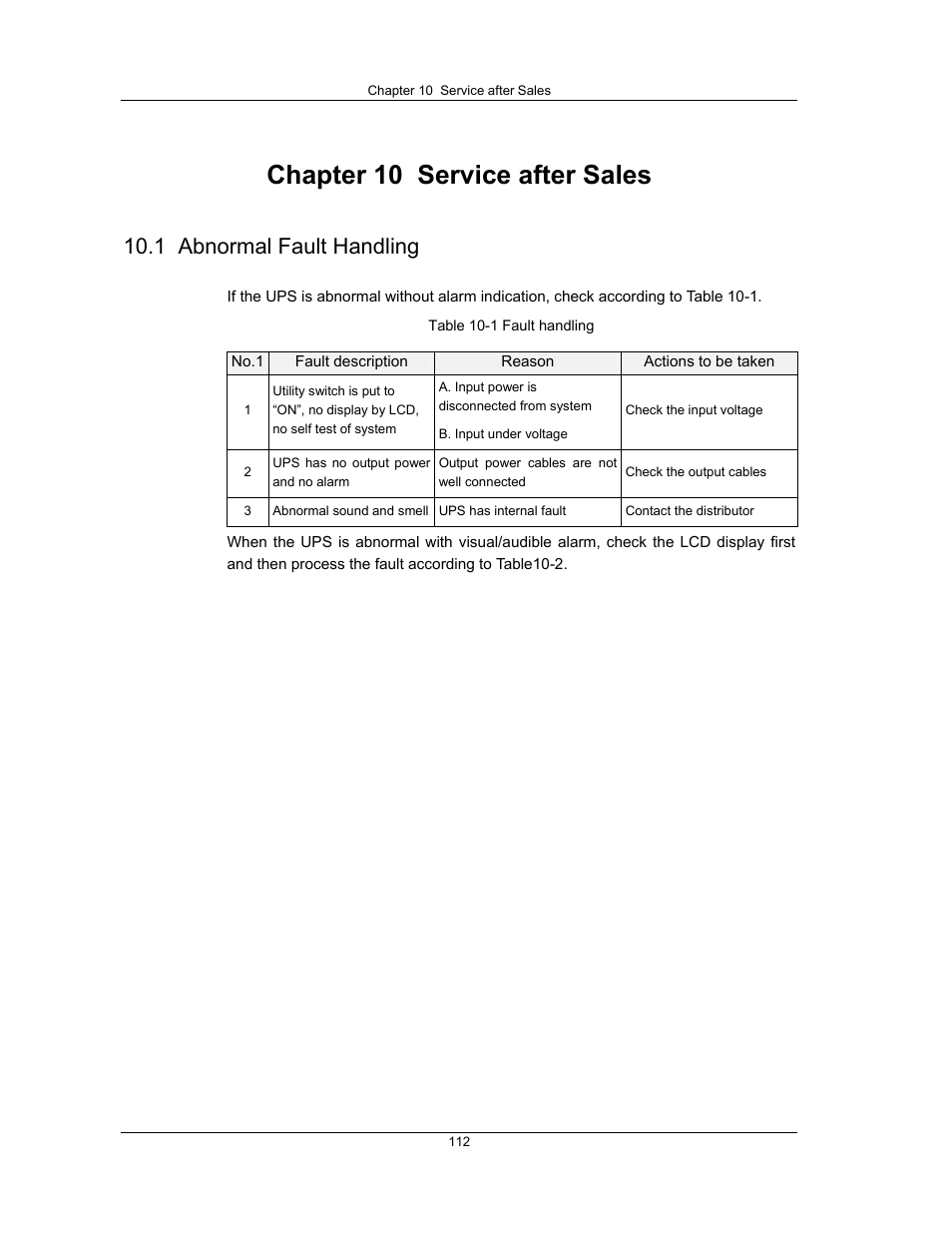 Chapter 10 service after sales, 1 abnormal fault handling | Liebert UPS System User Manual | Page 118 / 121