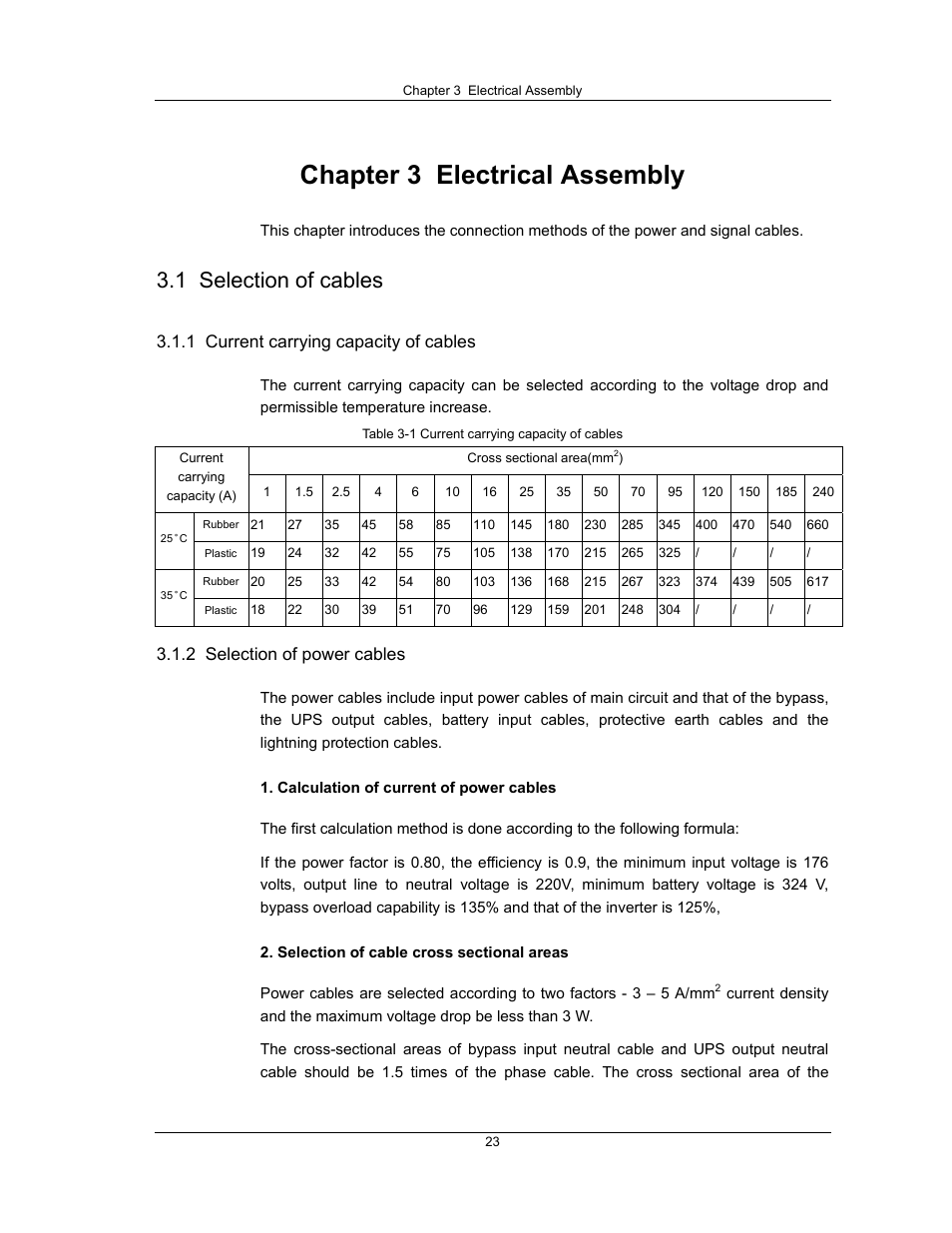 Chapter 3 electrical assembly, 1 selection of cables | Liebert UPS System User Manual | Page 29 / 121