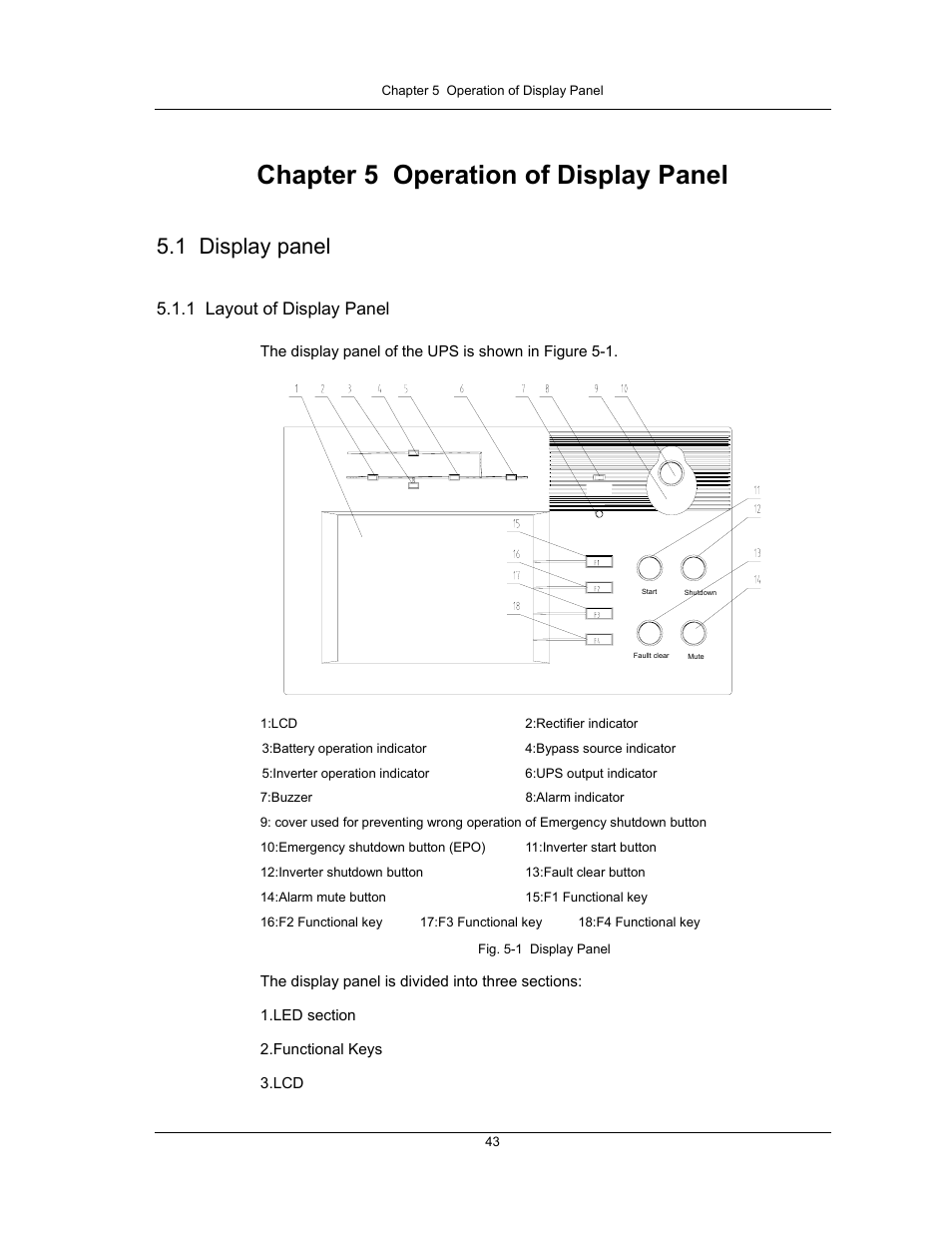 Chapter 5 operation of display panel, 1 display panel, 1 layout of display panel | Liebert UPS System User Manual | Page 49 / 121