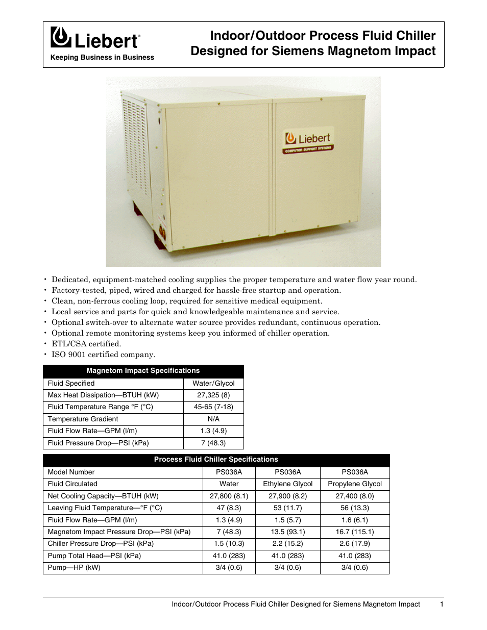 Liebert Indoor/Outdoor Process Chiller PS036A User Manual | 2 pages