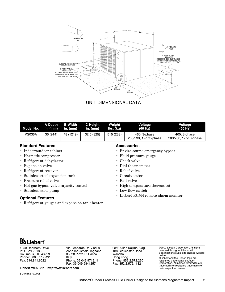 Unit dimensional data, Standard features, Optional features | Accessories, Refrigerant gauges and expansion tank heater | Liebert Indoor/Outdoor Process Chiller PS036A User Manual | Page 2 / 2
