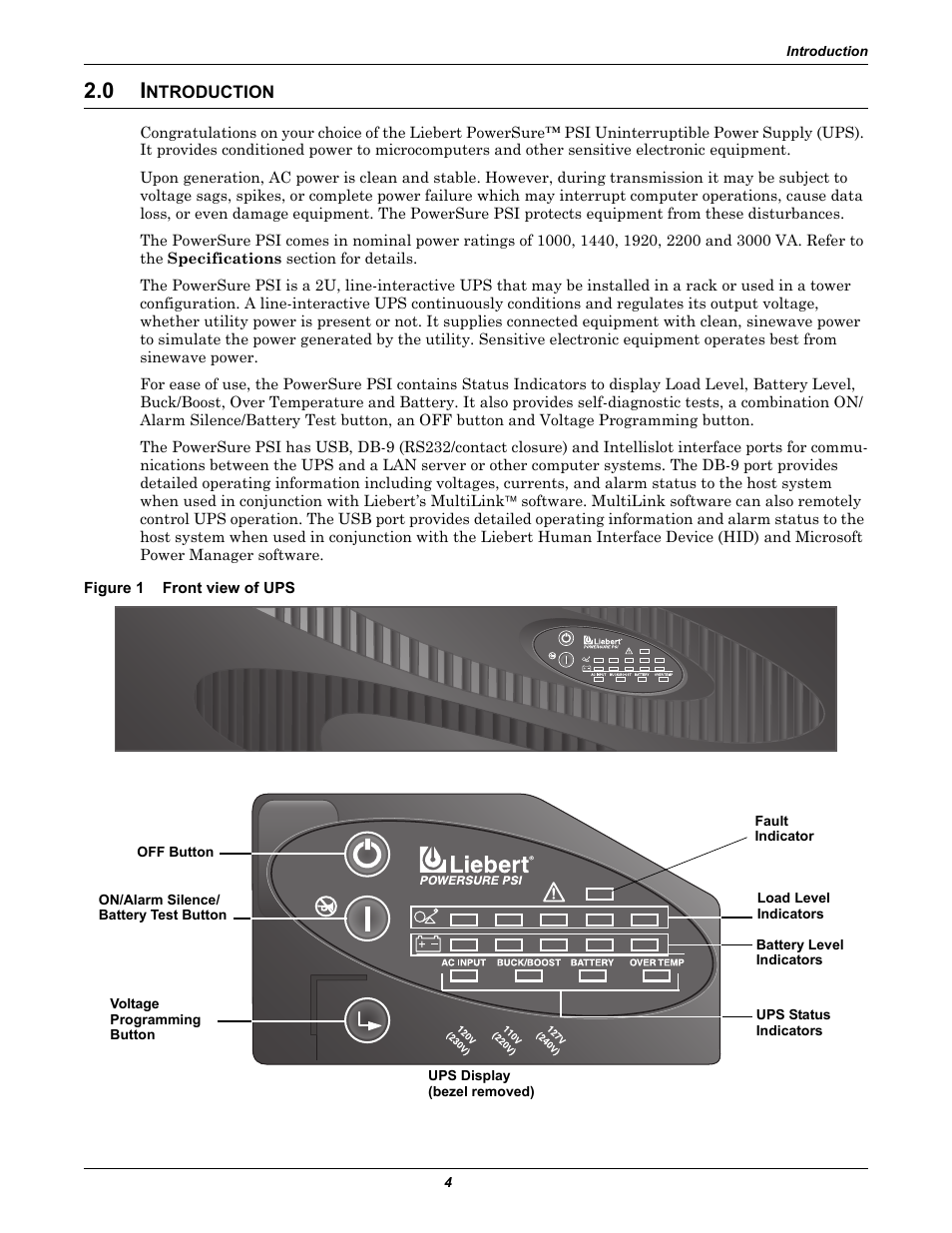 0 introduction, Figure 1 front view of ups, Ntroduction | Front view of ups | Liebert PowerSure PSI 1000 - 3000VA 60 Hz 120V User Manual | Page 10 / 36