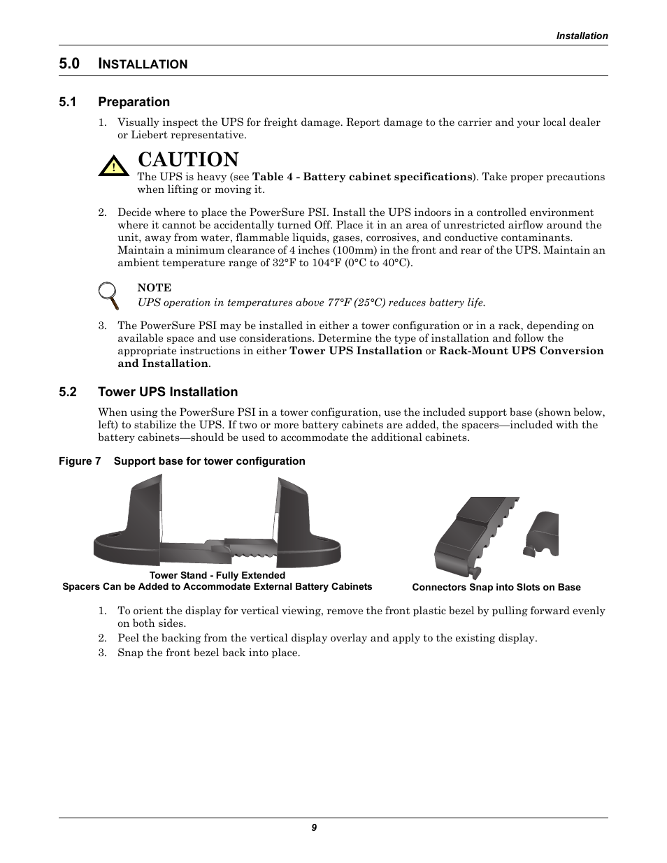 0 installation, 1 preparation, 2 tower ups installation | Figure 7 support base for tower configuration, Nstallation, Preparation, Tower ups installation, Figure 7, Support base for tower configuration, Caution | Liebert PowerSure PSI 1000 - 3000VA 60 Hz 120V User Manual | Page 15 / 36