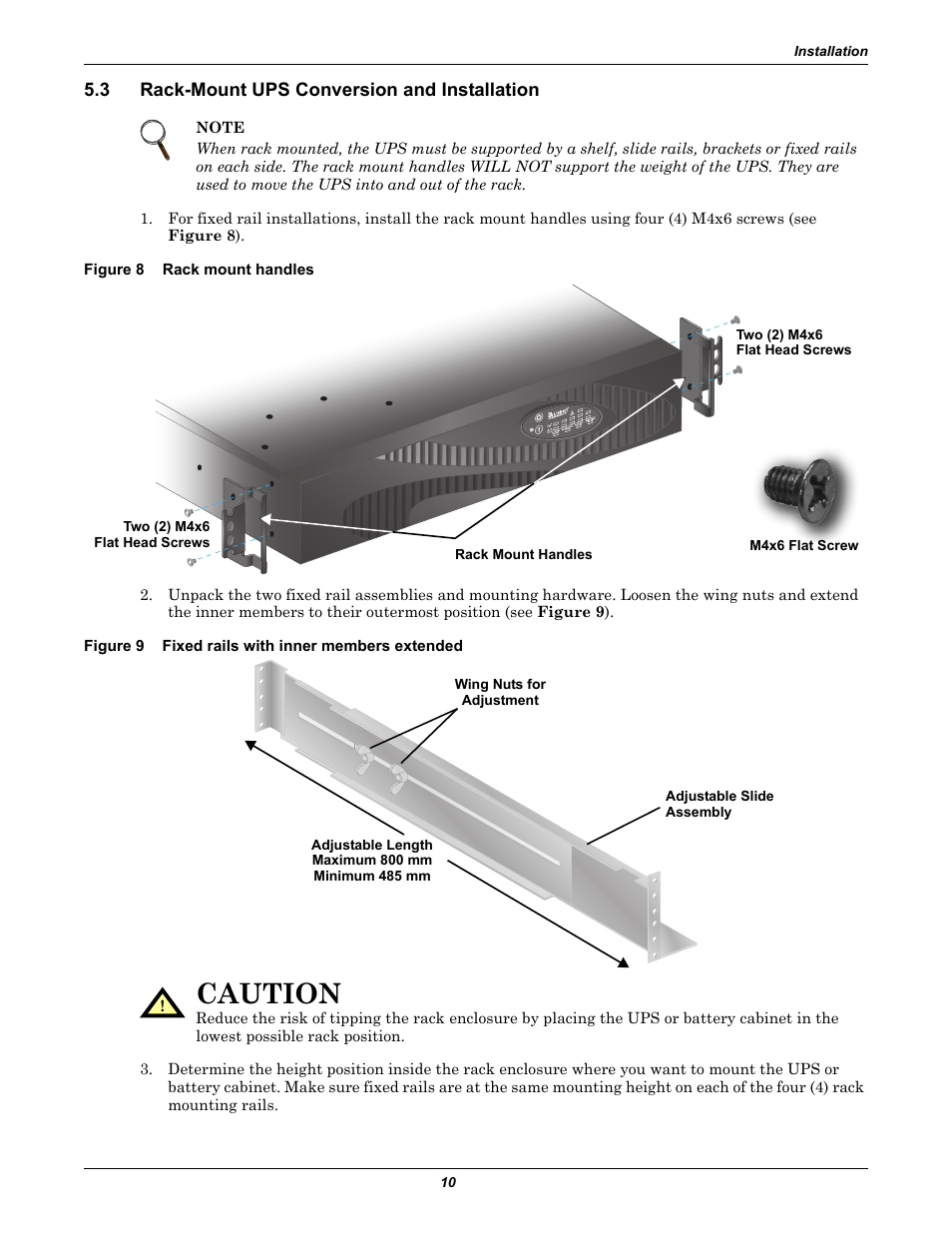 3 rack-mount ups conversion and installation, Figure 8 rack mount handles, Figure 9 fixed rails with inner members extended | Rack-mount ups conversion and installation, Figure 8, Rack mount handles, Figure 9, Fixed rails with inner members extended, Caution | Liebert PowerSure PSI 1000 - 3000VA 60 Hz 120V User Manual | Page 16 / 36