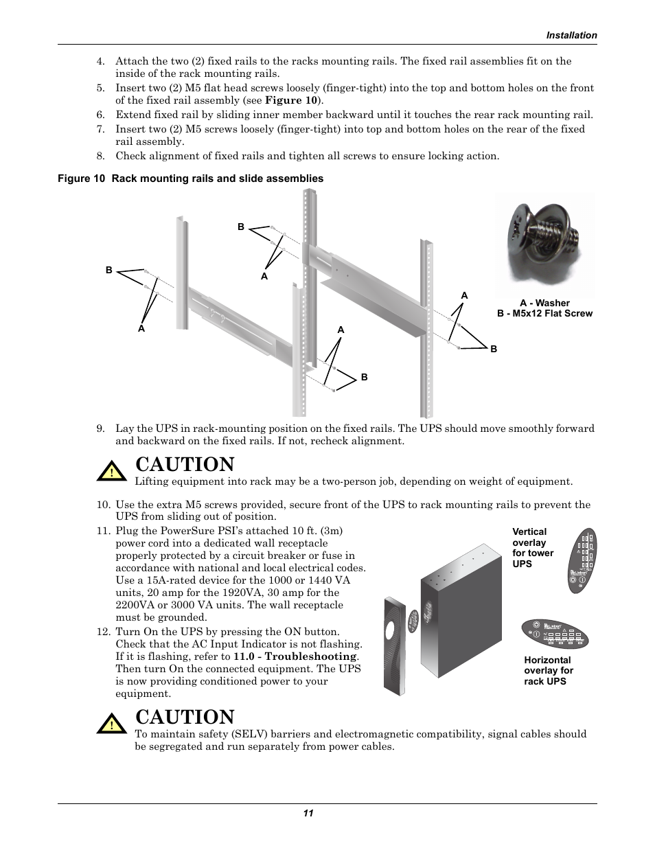 Figure 10 rack mounting rails and slide assemblies, Caution | Liebert PowerSure PSI 1000 - 3000VA 60 Hz 120V User Manual | Page 17 / 36