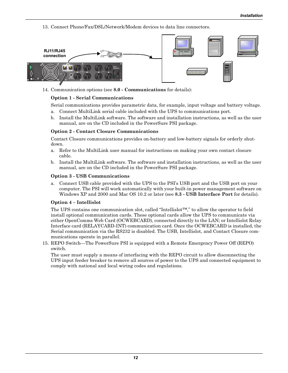 Installation 12, Rj11/rj45 connection | Liebert PowerSure PSI 1000 - 3000VA 60 Hz 120V User Manual | Page 18 / 36