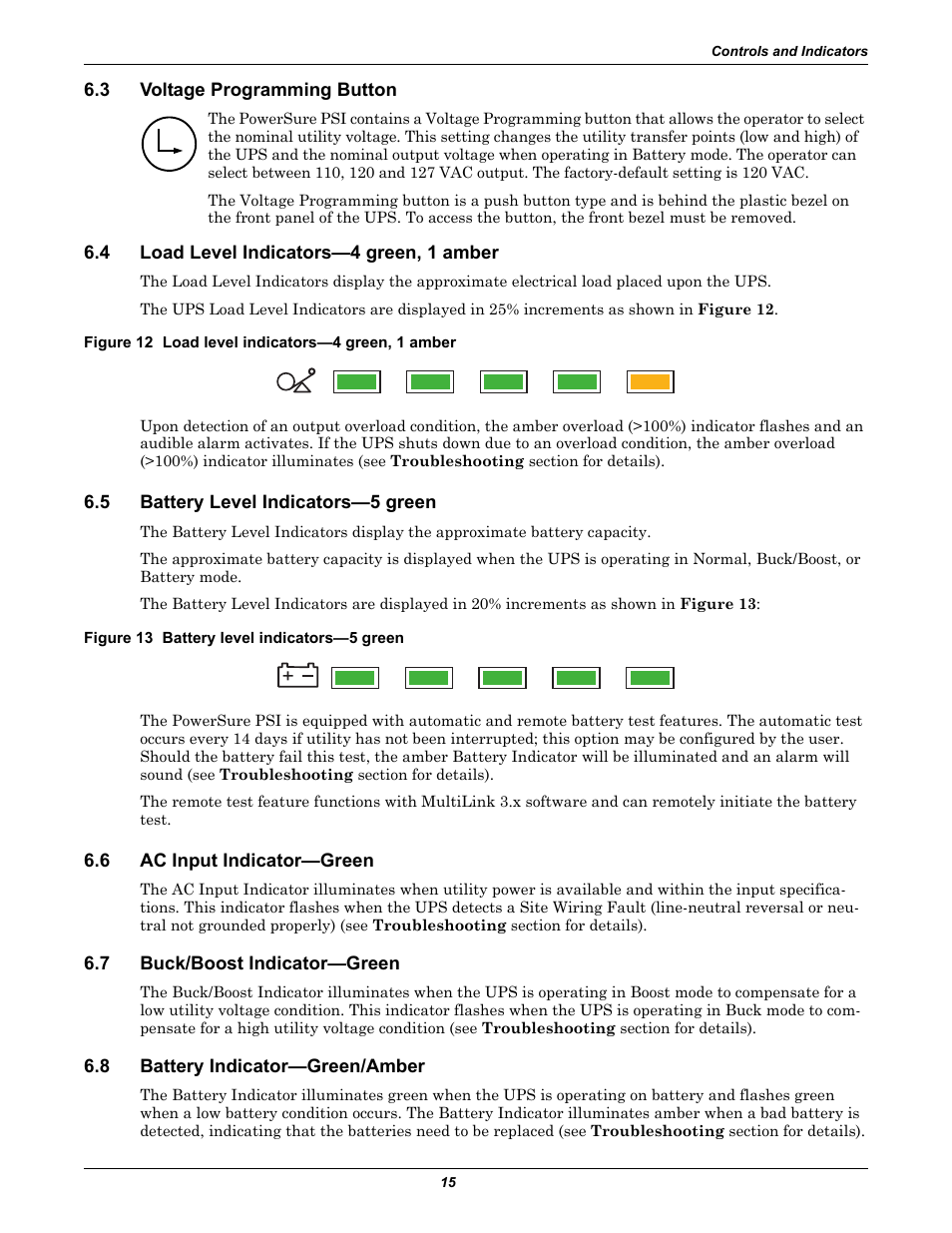 3 voltage programming button, 4 load level indicators-4 green, 1 amber, Figure 12 load level indicators-4 green, 1 amber | 5 battery level indicators-5 green, Figure 13 battery level indicators-5 green, 6 ac input indicator-green, 7 buck/boost indicator-green, 8 battery indicator-green/amber, Voltage programming button, Load level indicators—4 green, 1 amber | Liebert PowerSure PSI 1000 - 3000VA 60 Hz 120V User Manual | Page 21 / 36