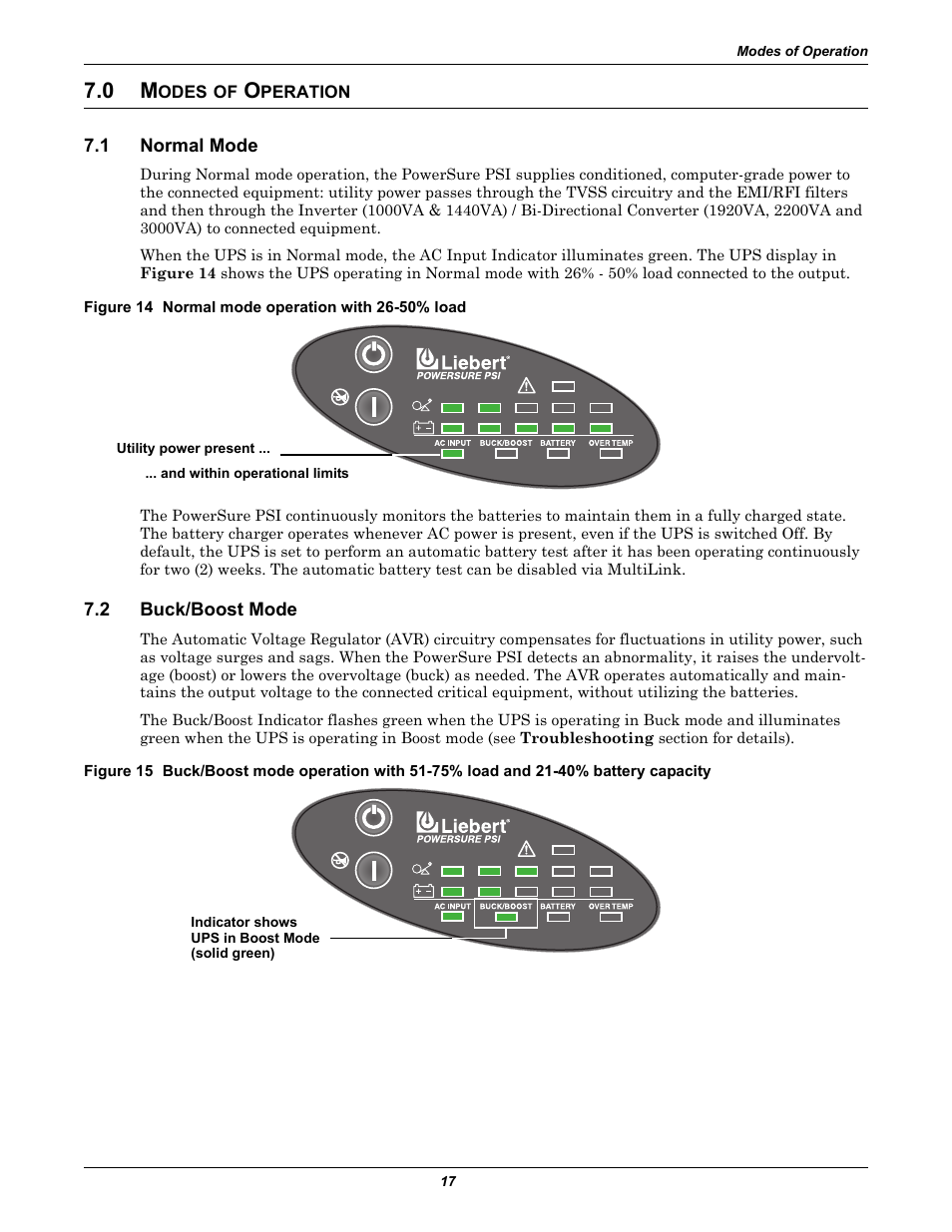 0 modes of operation, 1 normal mode, Figure 14 normal mode operation with 26-50% load | 2 buck/boost mode, Odes, Peration, Normal mode, Buck/boost mode | Liebert PowerSure PSI 1000 - 3000VA 60 Hz 120V User Manual | Page 23 / 36