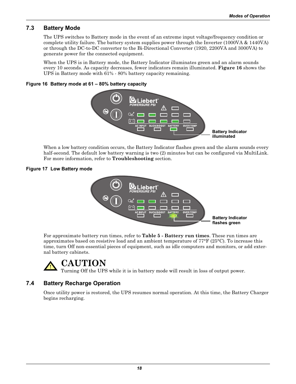 3 battery mode, Figure 17 low battery mode, 4 battery recharge operation | Battery mode, Battery recharge operation, Caution | Liebert PowerSure PSI 1000 - 3000VA 60 Hz 120V User Manual | Page 24 / 36