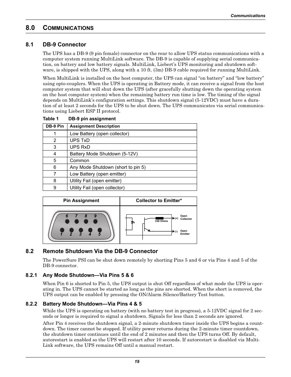 0 communications, 1 db-9 connector, Table 1 db-9 pin assignment | 2 remote shutdown via the db-9 connector, 1 any mode shutdown-via pins 5 & 6, 2 battery mode shutdown-via pins 4 & 5, Ommunications, Db-9 connector, Remote shutdown via the db-9 connector, Any mode shutdown—via pins 5 & 6 | Liebert PowerSure PSI 1000 - 3000VA 60 Hz 120V User Manual | Page 25 / 36