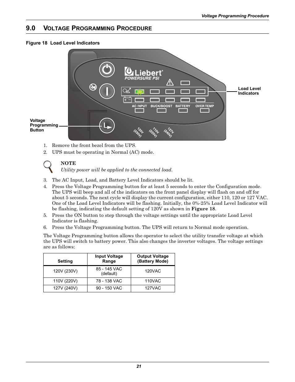 0 voltage programming procedure, Figure 18 load level indicators, Oltage | Rogramming, Rocedure | Liebert PowerSure PSI 1000 - 3000VA 60 Hz 120V User Manual | Page 27 / 36