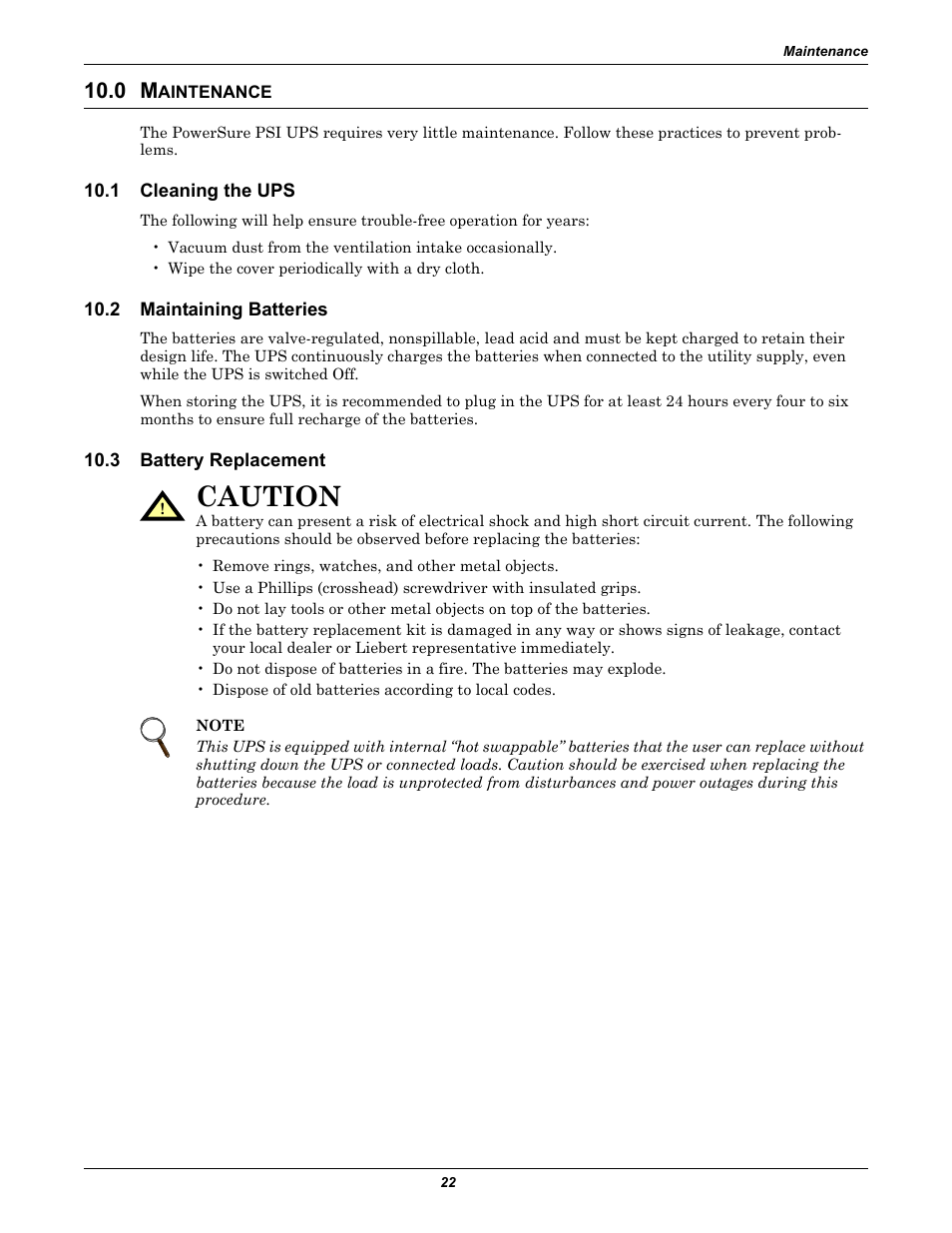 0 maintenance, 1 cleaning the ups, 2 maintaining batteries | 3 battery replacement, Aintenance, Cleaning the ups, Maintaining batteries, Battery replacement, Caution | Liebert PowerSure PSI 1000 - 3000VA 60 Hz 120V User Manual | Page 28 / 36