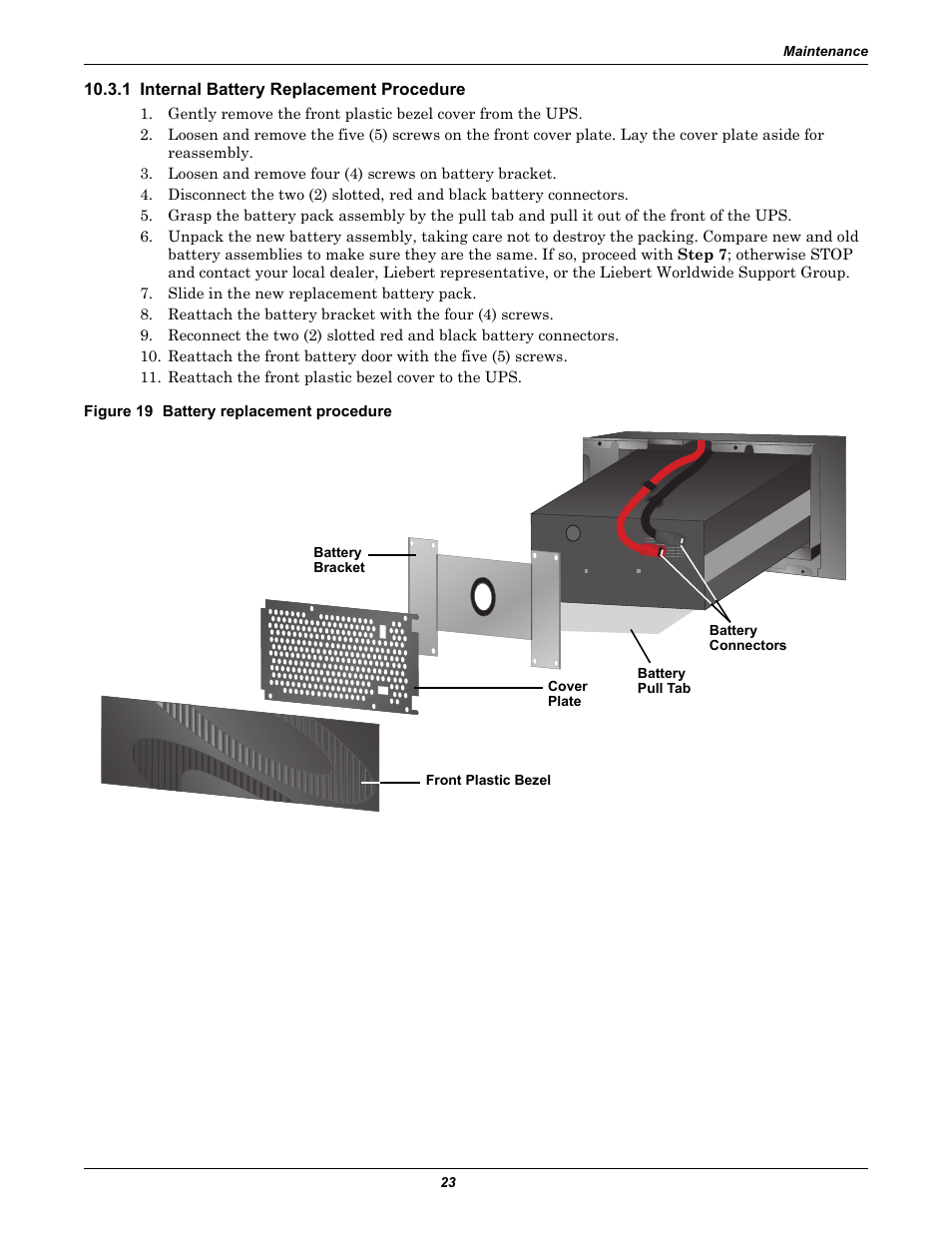 1 internal battery replacement procedure, Figure 19 battery replacement procedure | Liebert PowerSure PSI 1000 - 3000VA 60 Hz 120V User Manual | Page 29 / 36