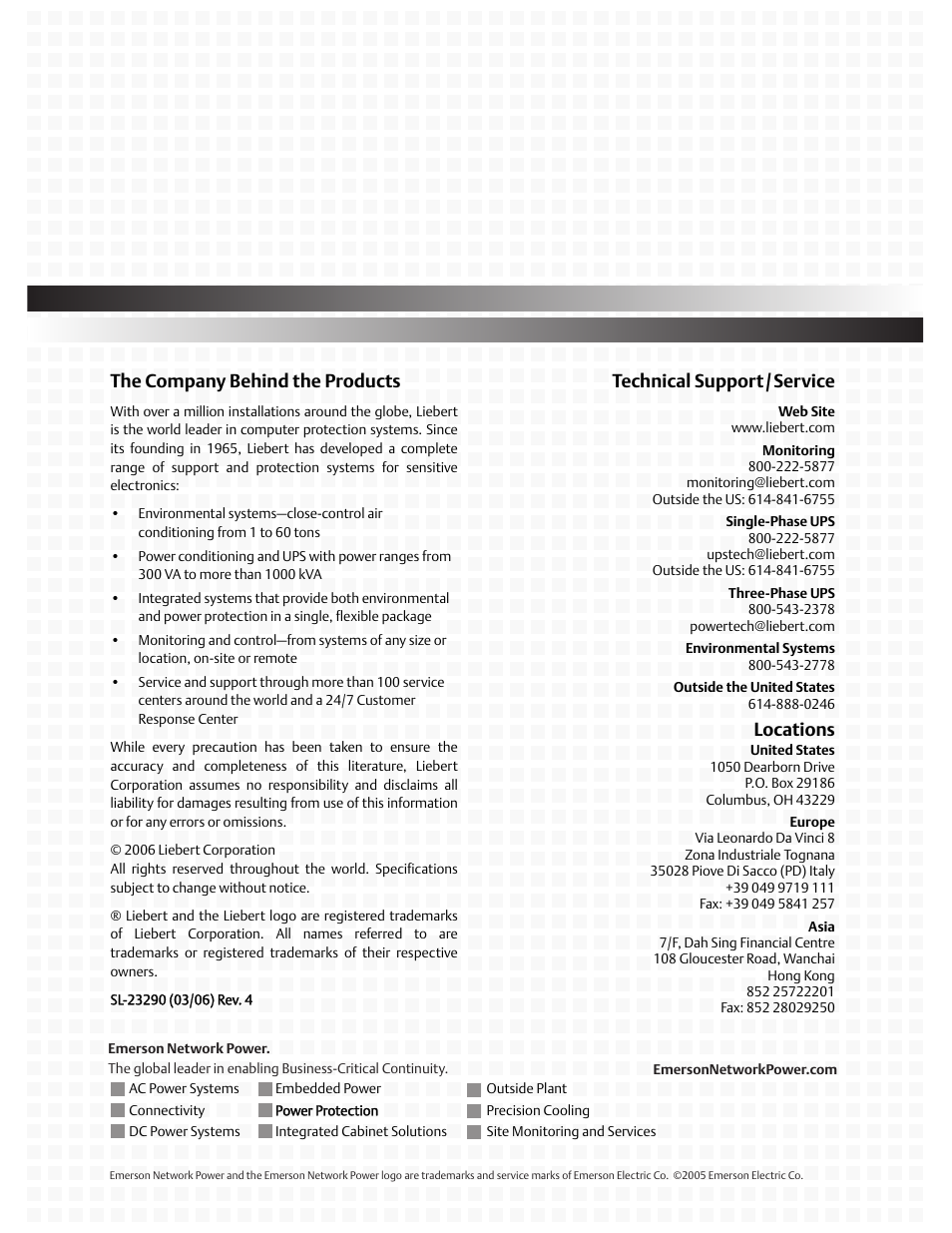 The company behind the products, Technical support/service, Locations | Liebert PowerSure PSI 1000 - 3000VA 60 Hz 120V User Manual | Page 36 / 36