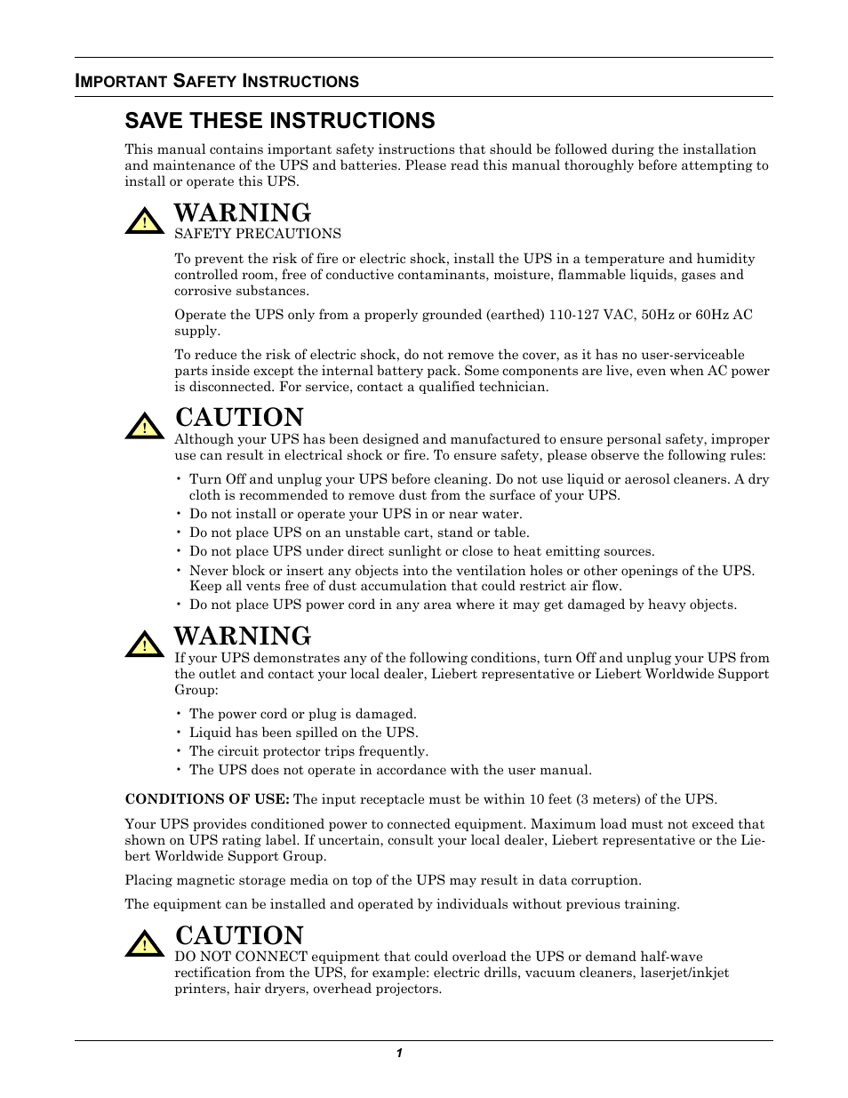 Important safety instructions, Mportant, Afety | Nstructions, Warning, Caution, Save these instructions | Liebert PowerSure PSI 1000 - 3000VA 60 Hz 120V User Manual | Page 7 / 36
