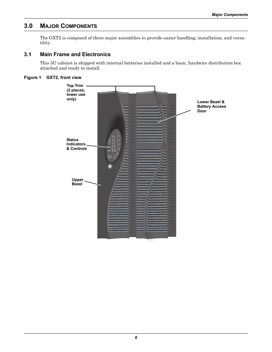 0 major components, 1 main frame and electronics, Figure 1 gxt2, front view | Ajor, Omponents, Main frame and electronics, Gxt2, front view | Liebert GXT2-6000RT230 User Manual | Page 10 / 40