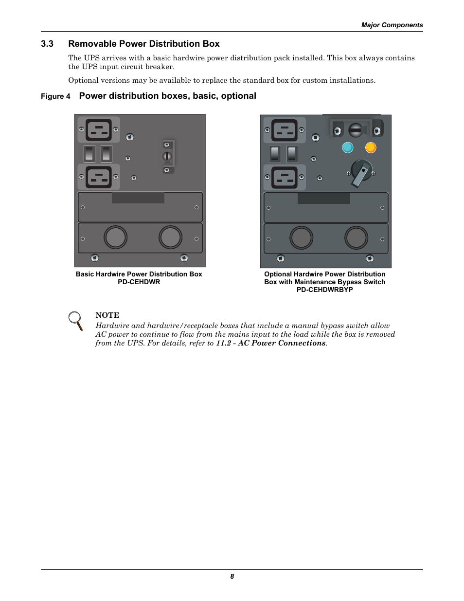 3 removable power distribution box, Figure 4 power distribution boxes, basic, optional, Removable power distribution box | Figure 4, Power distribution boxes, basic, optional | Liebert GXT2-6000RT230 User Manual | Page 12 / 40