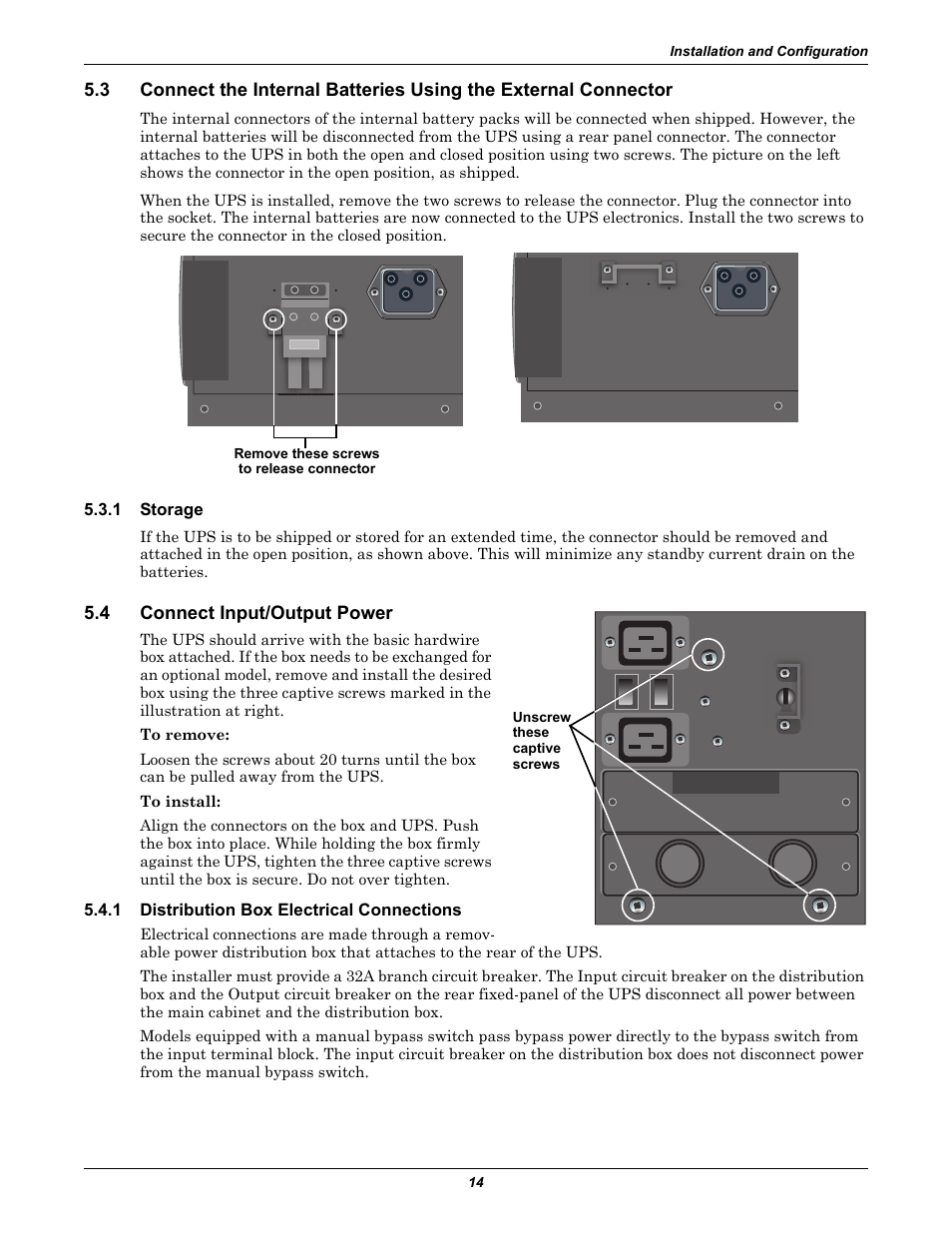 1 storage, 4 connect input/output power, 1 distribution box electrical connections | Storage, Connect input/output power, Distribution box electrical connections | Liebert GXT2-6000RT230 User Manual | Page 18 / 40
