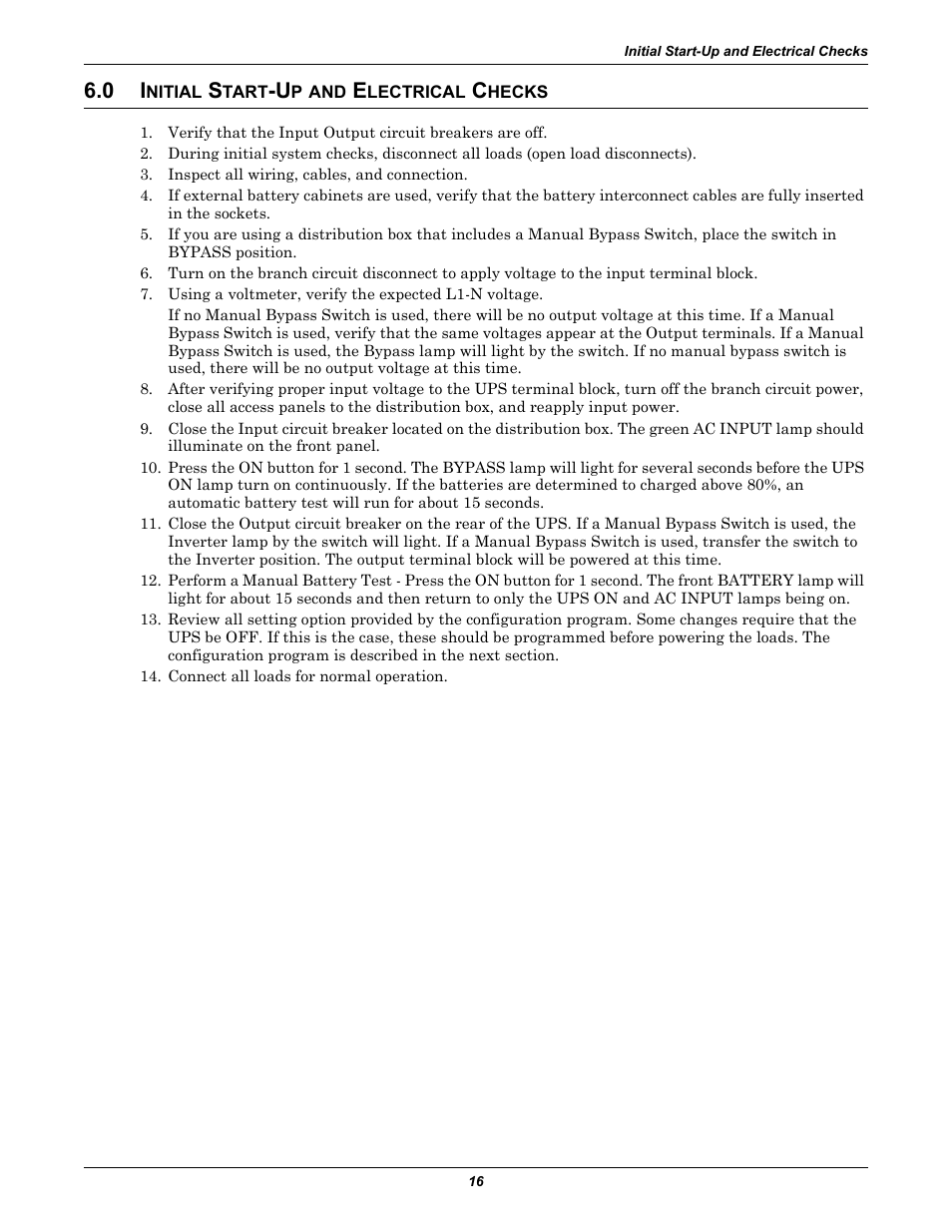 0 initial start-up and electrical checks, Nitial, Tart | Lectrical, Hecks | Liebert GXT2-6000RT230 User Manual | Page 20 / 40