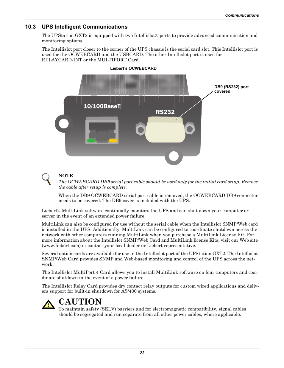 3 ups intelligent communications, Ups intelligent communications, Caution | Liebert GXT2-6000RT230 User Manual | Page 26 / 40