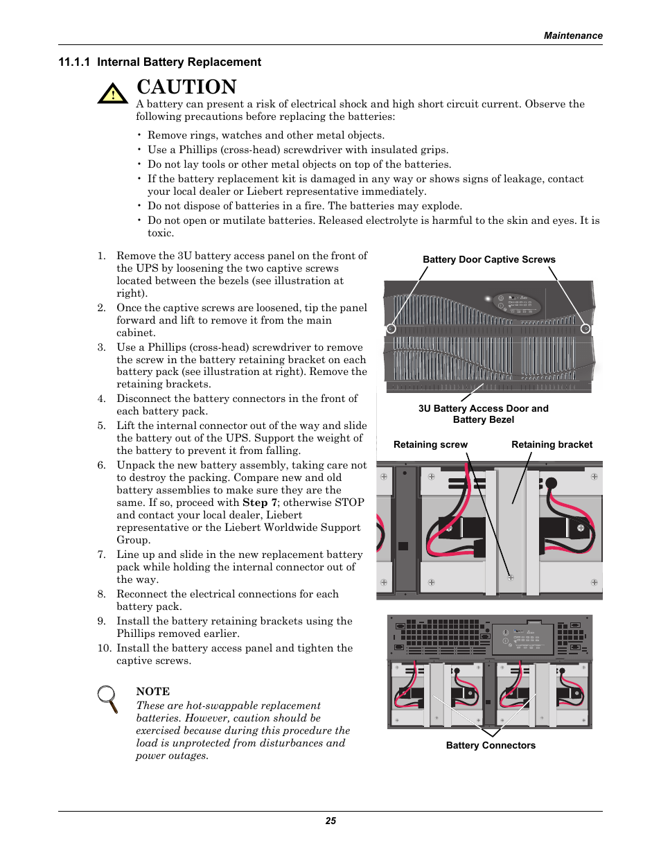 1 internal battery replacement, Caution | Liebert GXT2-6000RT230 User Manual | Page 29 / 40