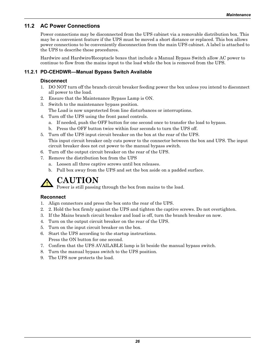 2 ac power connections, 1 pd-cehdwr-manual bypass switch available, Disconnect | Reconnect, Ac power connections, 1 pd-cehdwr—manual bypass switch available, Caution | Liebert GXT2-6000RT230 User Manual | Page 30 / 40