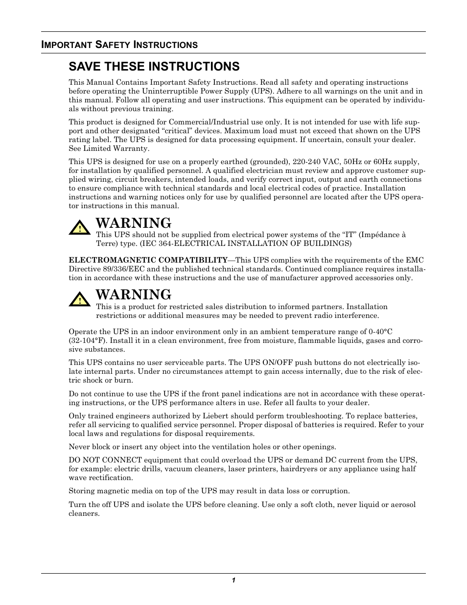 Important safety instructions, Mportant, Afety | Nstructions, Warning, Save these instructions | Liebert GXT2-6000RT230 User Manual | Page 5 / 40