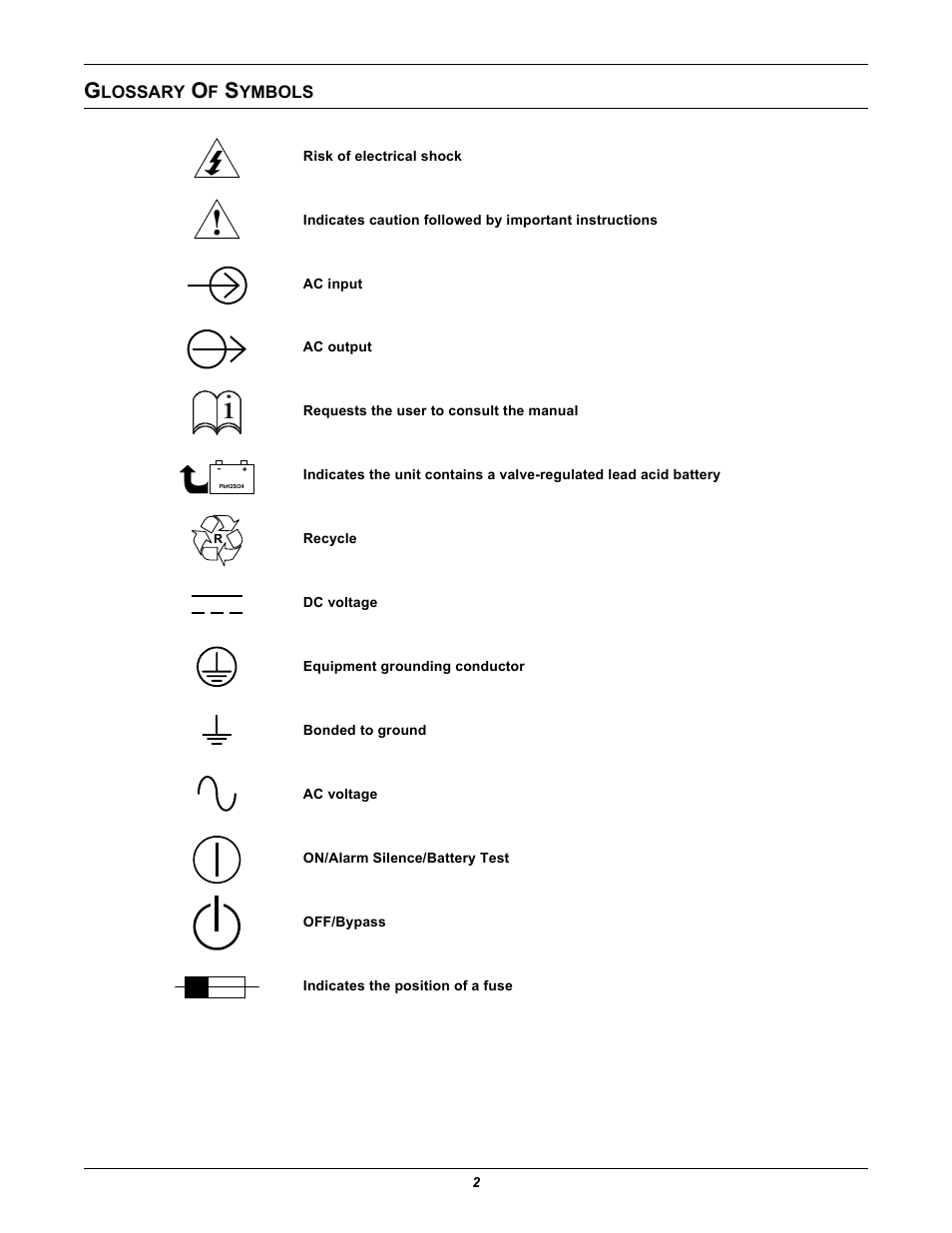 Glossary of symbols, Lossary, Ymbols | Liebert GXT2-6000RT230 User Manual | Page 6 / 40