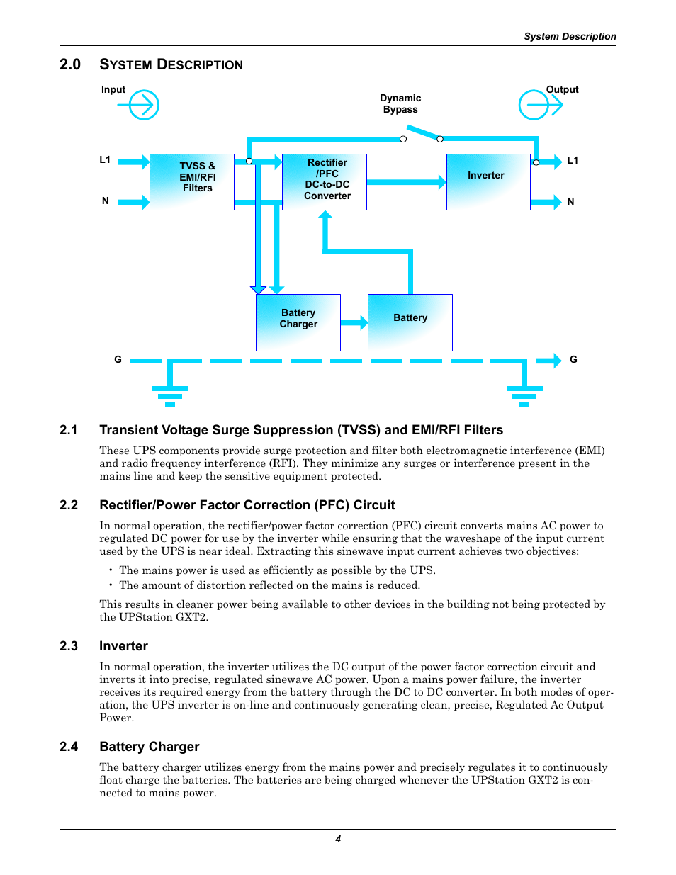 0 system description, 2 rectifier/power factor correction (pfc) circuit, 3 inverter | 4 battery charger, Ystem, Escription, Rectifier/power factor correction (pfc) circuit, Inverter, Battery charger | Liebert GXT2-6000RT230 User Manual | Page 8 / 40