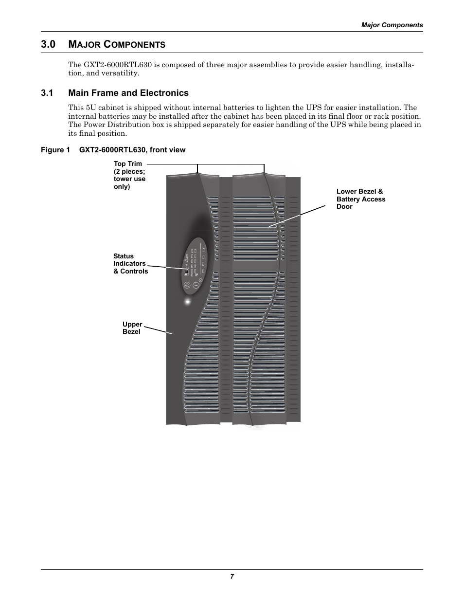 0 major components, 1 main frame and electronics, Figure 1 gxt2-6000rtl630, front view | Ajor, Omponents, Main frame and electronics, Gxt2-6000rtl630, front view | Liebert GXT2-6000RTL630 User Manual | Page 11 / 44