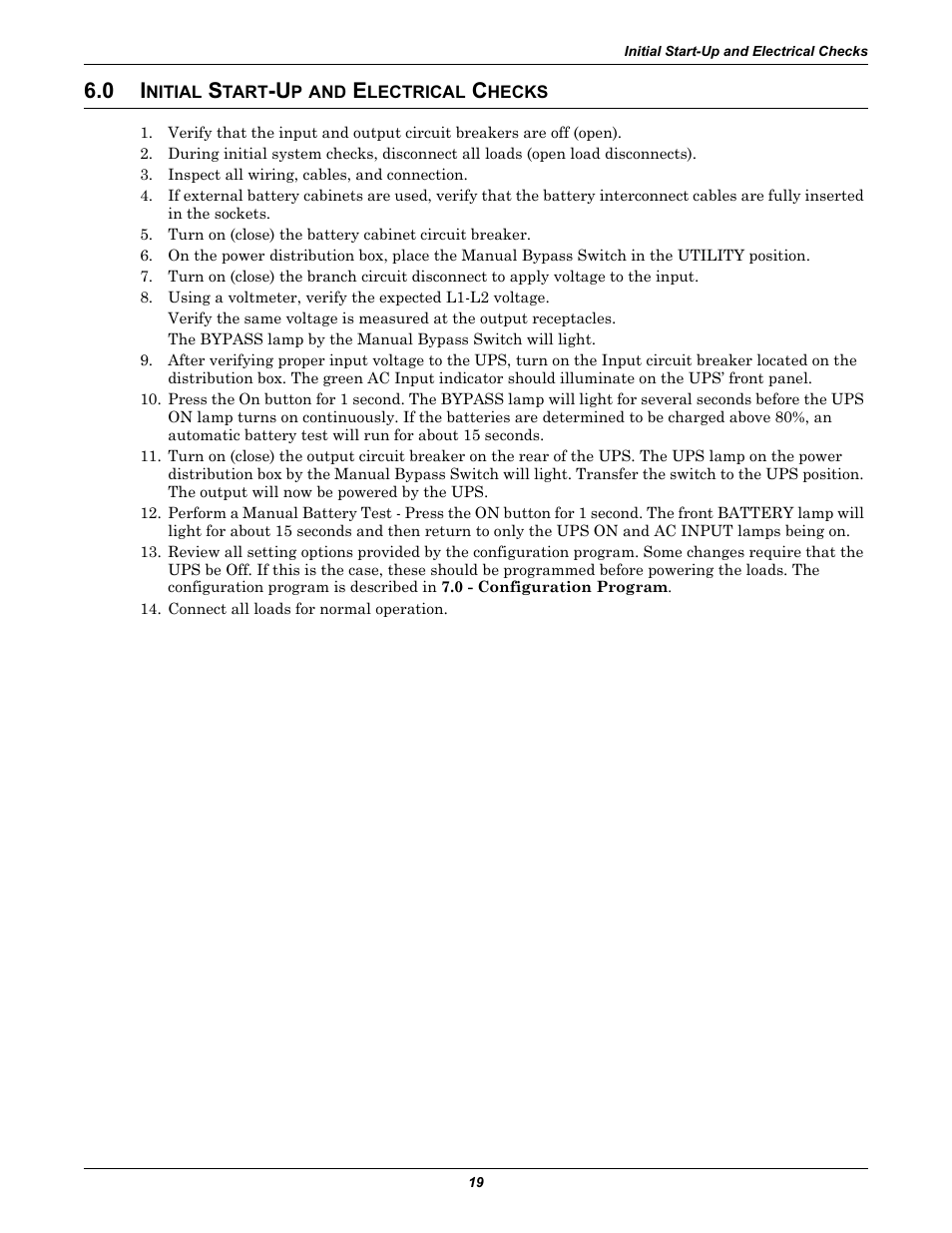 0 initial start-up and electrical checks, Nitial, Tart | Lectrical, Hecks, 0 - initial start-up and electrical checks | Liebert GXT2-6000RTL630 User Manual | Page 23 / 44